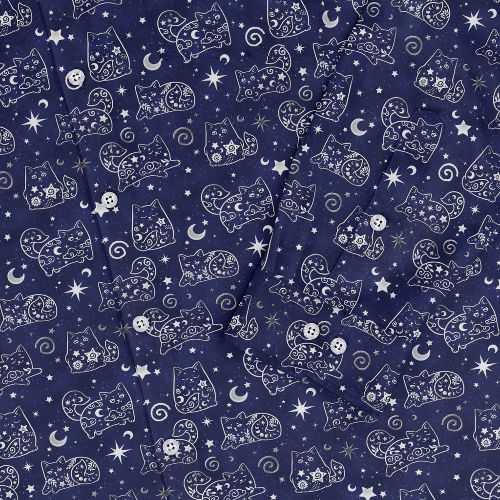 Star Cats Long Sleeve Button Up Shirt Geek Nerd adult sizing Animal Patterns Design By Brigid Ashwood