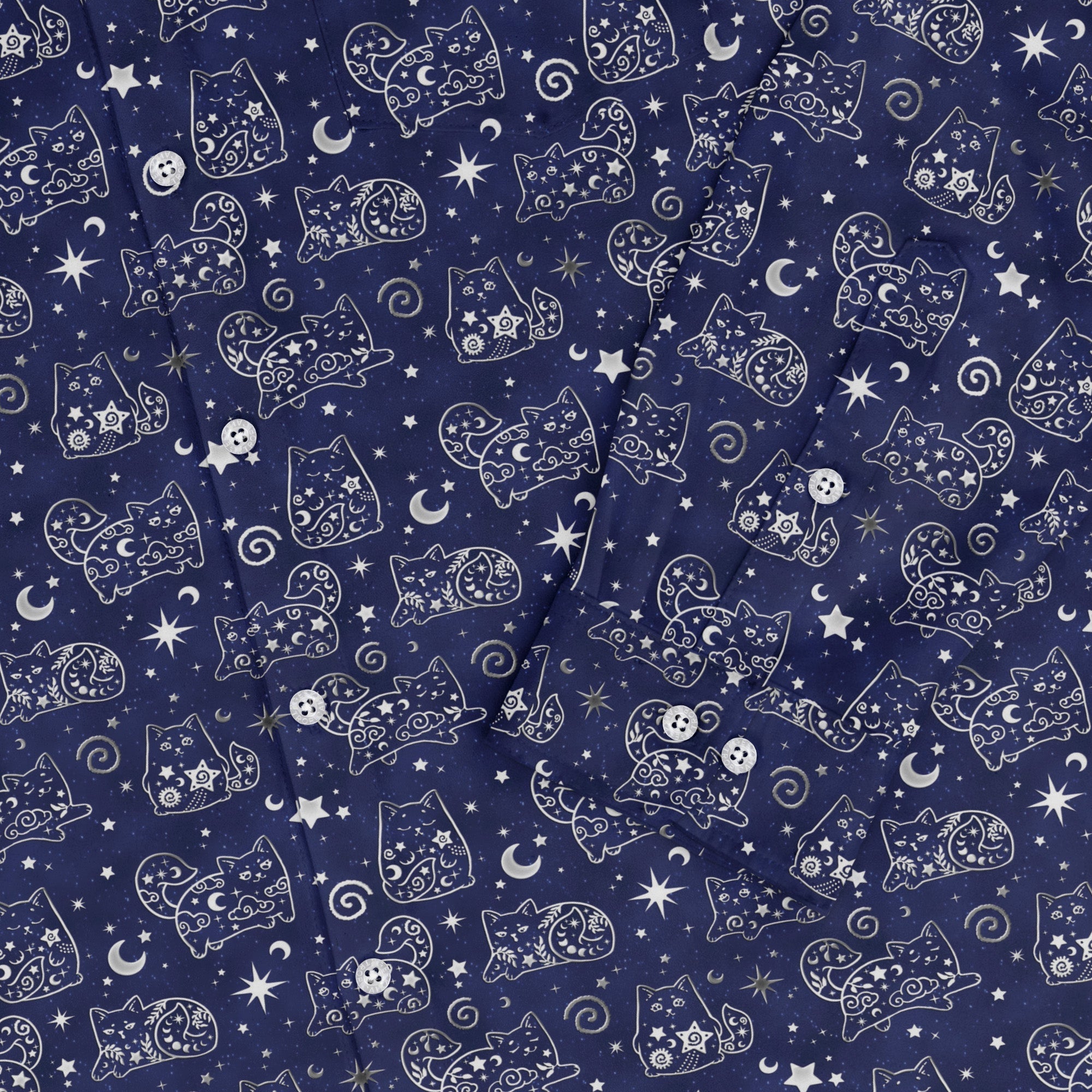 Star Cats Long Sleeve Button Up Shirt Geek Nerd adult sizing Animal Patterns Design By Brigid Ashwood
