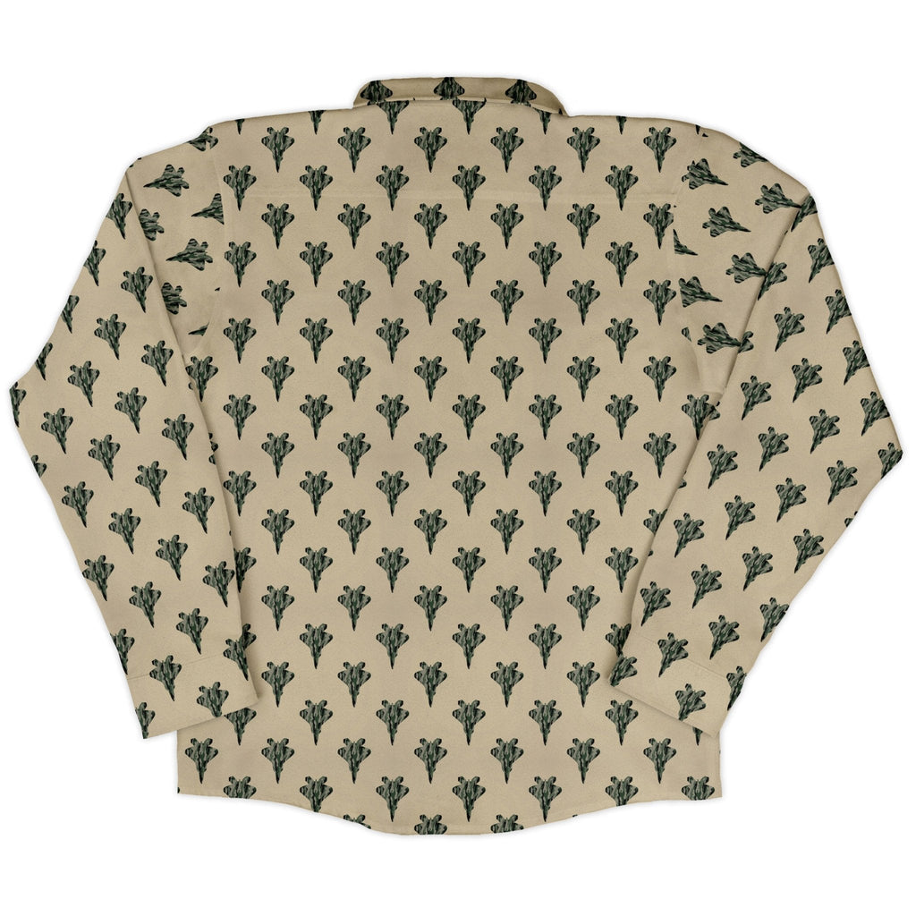 Stealth Fighters Tan Aviation Light Blue Long Sleeve Button Up Shirt Geek Nerd adult sizing aviation print FLOW DESC WRITING