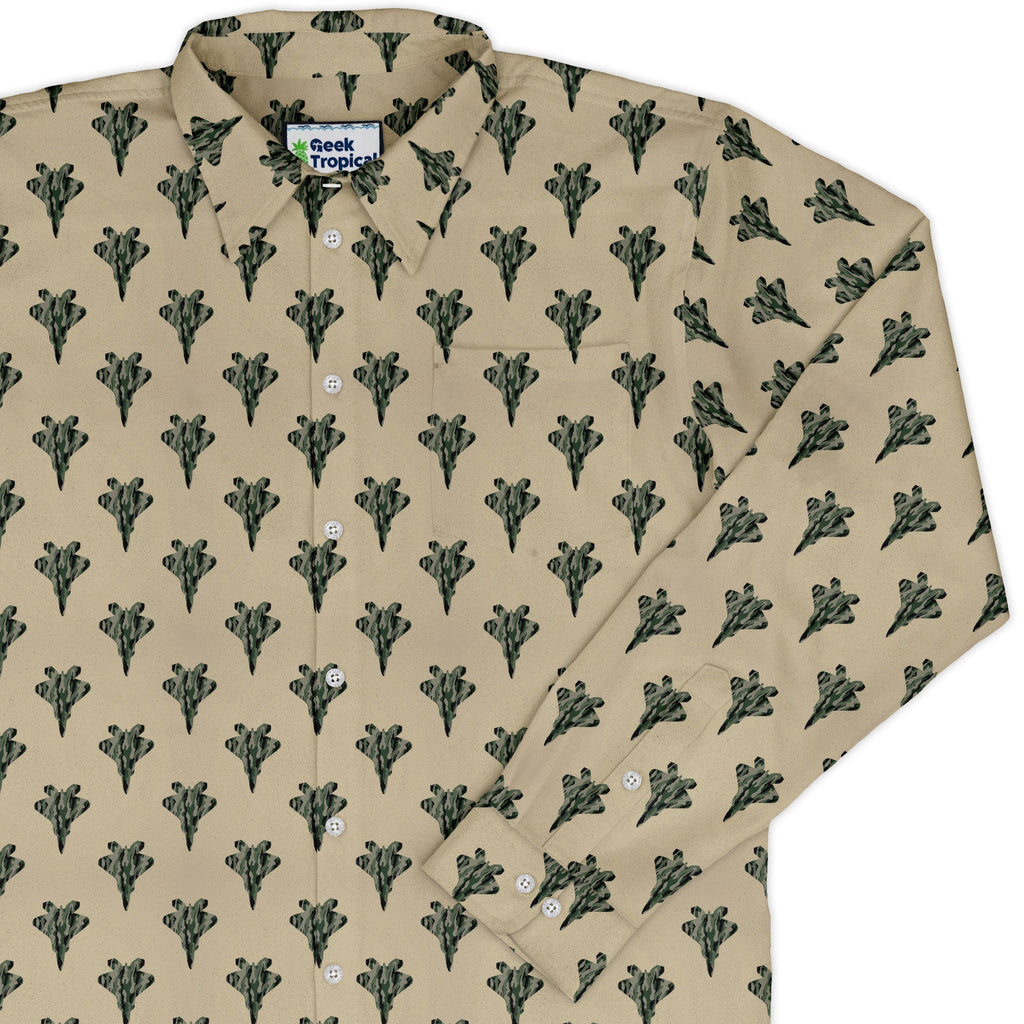 Stealth Fighters Tan Aviation Light Blue Long Sleeve Button Up Shirt Geek Nerd adult sizing aviation print FLOW DESC WRITING