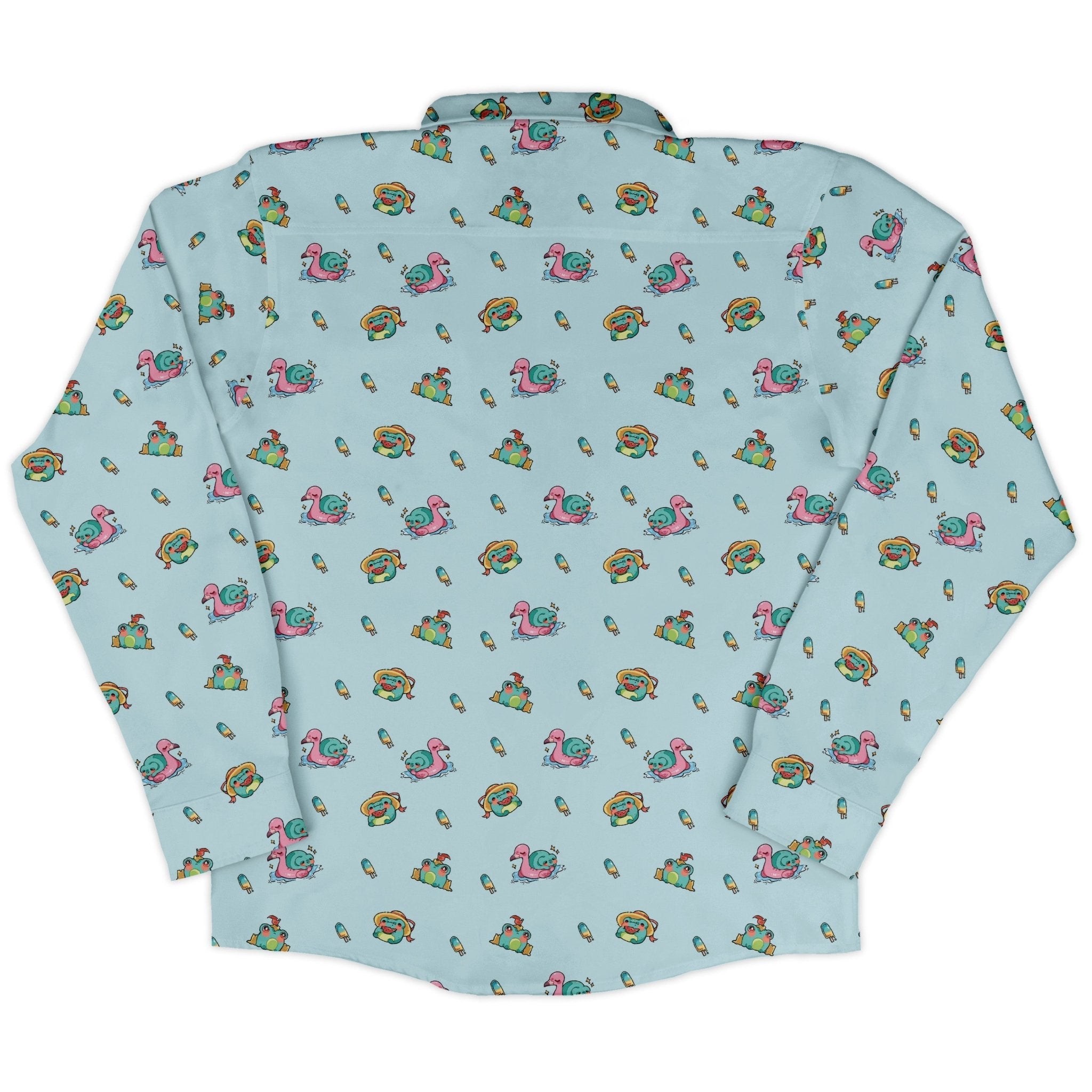 Summer Frogs Anime Long Sleeve Button Up Shirt Geek Nerd adult sizing Animal Patterns Anime