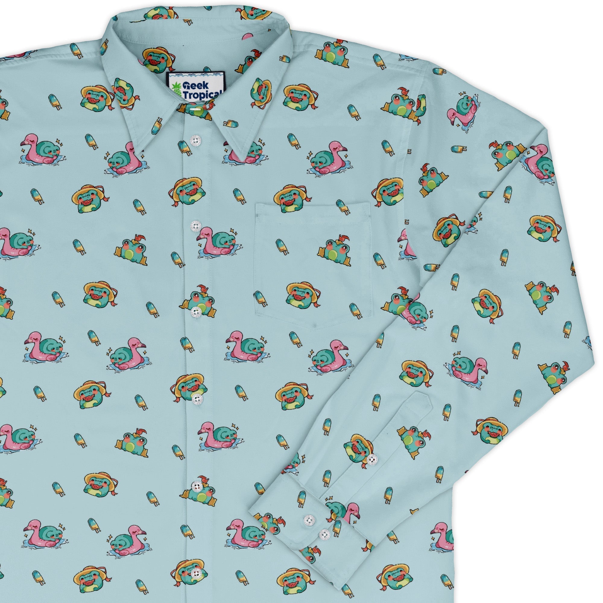 Summer Frogs Anime Long Sleeve Button Up Shirt Geek Nerd adult sizing Animal Patterns Anime