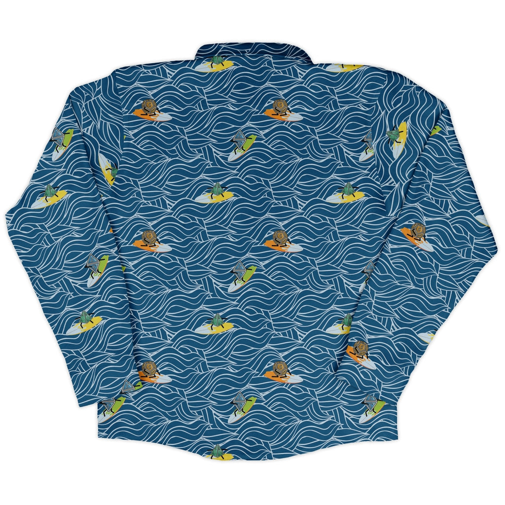 Surf and Roll Dnd Dice Long Sleeve Button Up Shirt Geek Nerd adult sizing Design by Dunking Toast dnd & rpg print