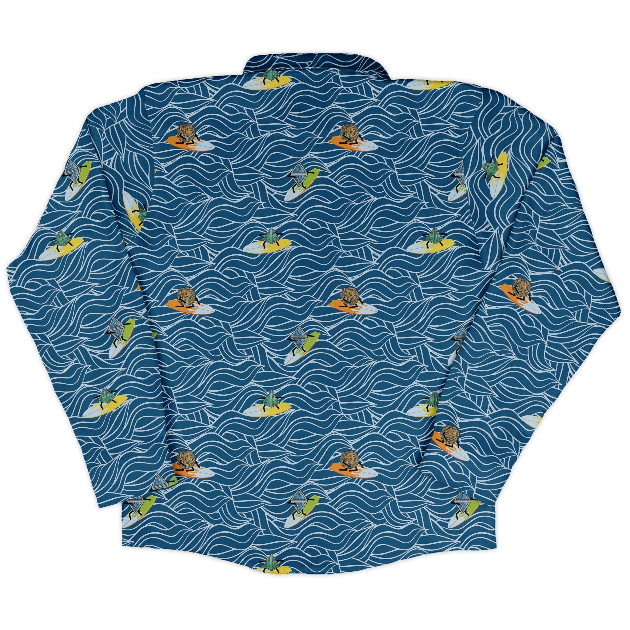 Surf and Roll Dnd Dice Long Sleeve Button Up Shirt Geek Nerd adult sizing Design by Dunking Toast dnd & rpg print