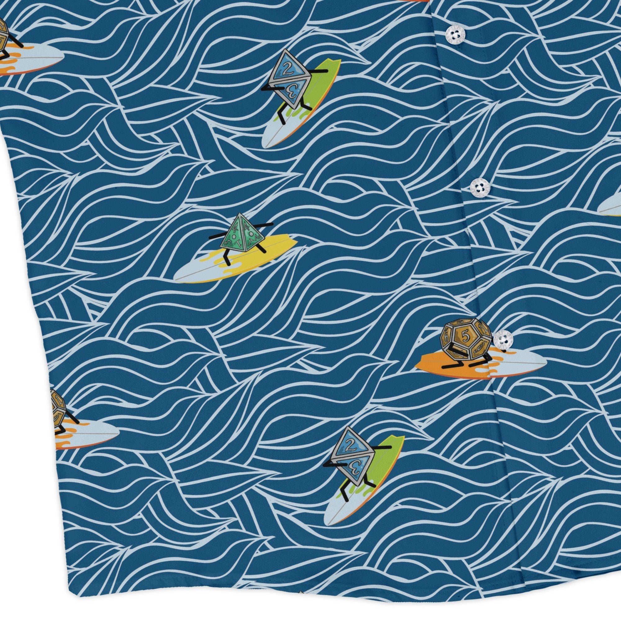 Surf and Roll Dnd Dice Long Sleeve Button Up Shirt Geek Nerd adult sizing Design by Dunking Toast dnd & rpg print