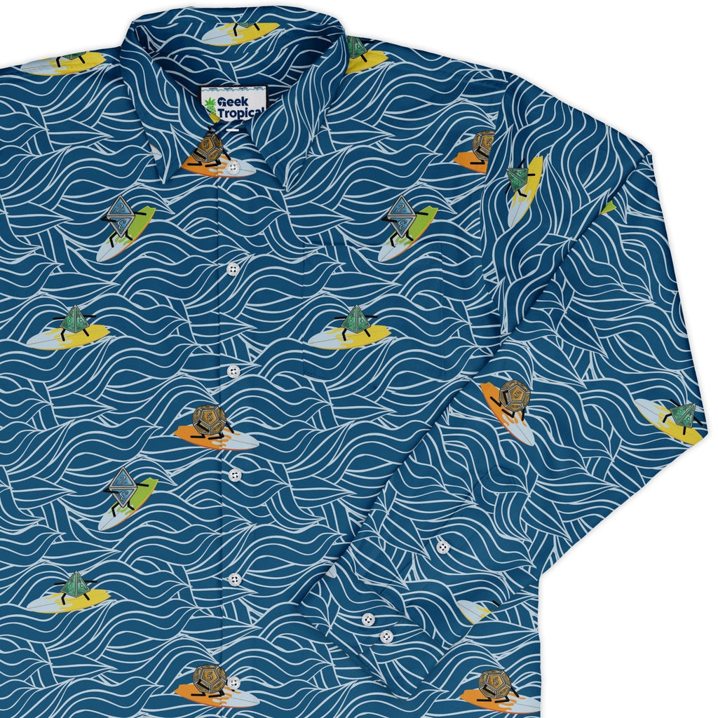 Surf and Roll Dnd Dice Long Sleeve Button Up Shirt Geek Nerd adult sizing Design by Dunking Toast dnd & rpg print