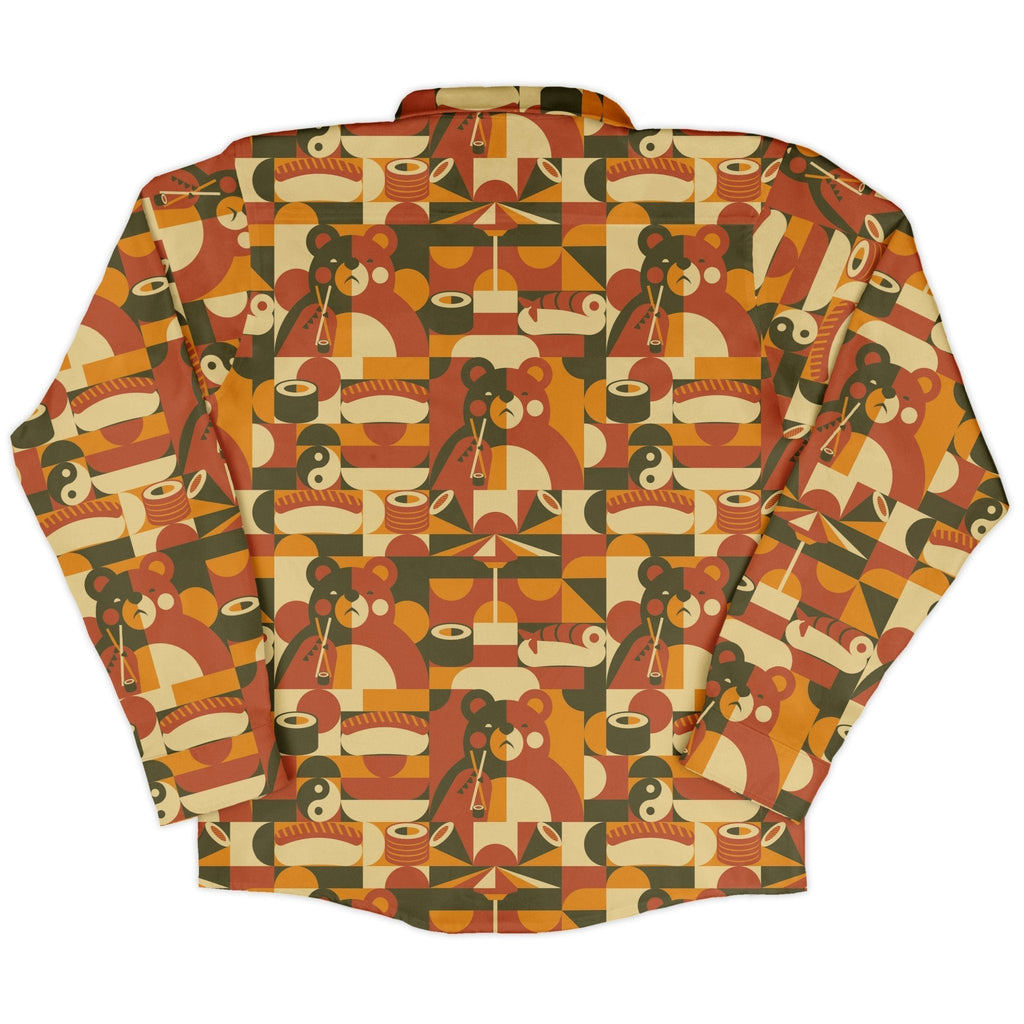 Sushi Eating Bear Anime Long Sleeve Button Up Shirt Geek Nerd adult sizing Animal Patterns Anime
