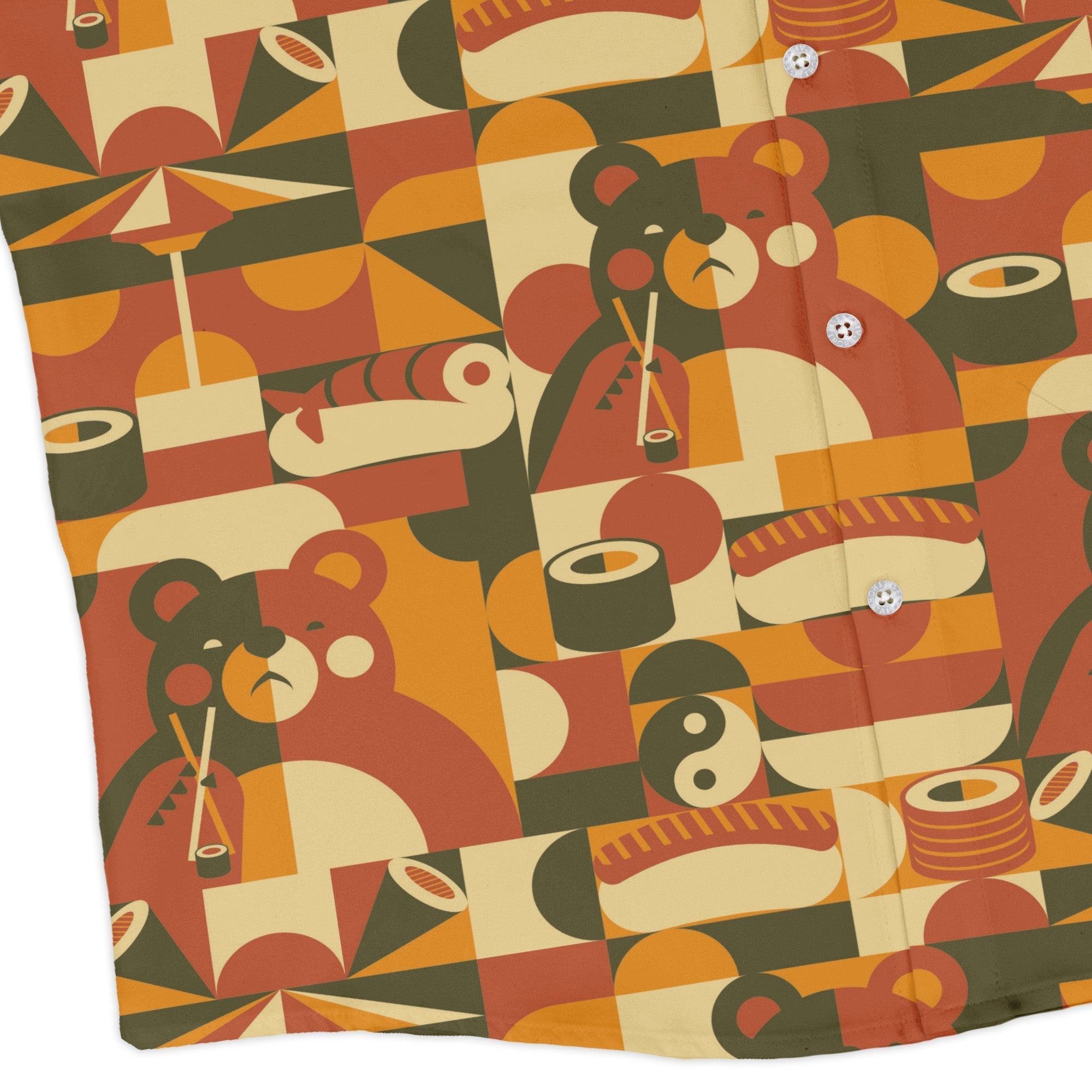 Sushi Eating Bear Anime Long Sleeve Button Up Shirt Geek Nerd adult sizing Animal Patterns Anime