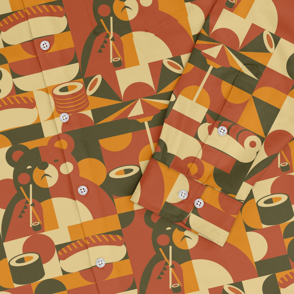 Sushi Eating Bear Anime Long Sleeve Button Up Shirt Geek Nerd adult sizing Animal Patterns Anime