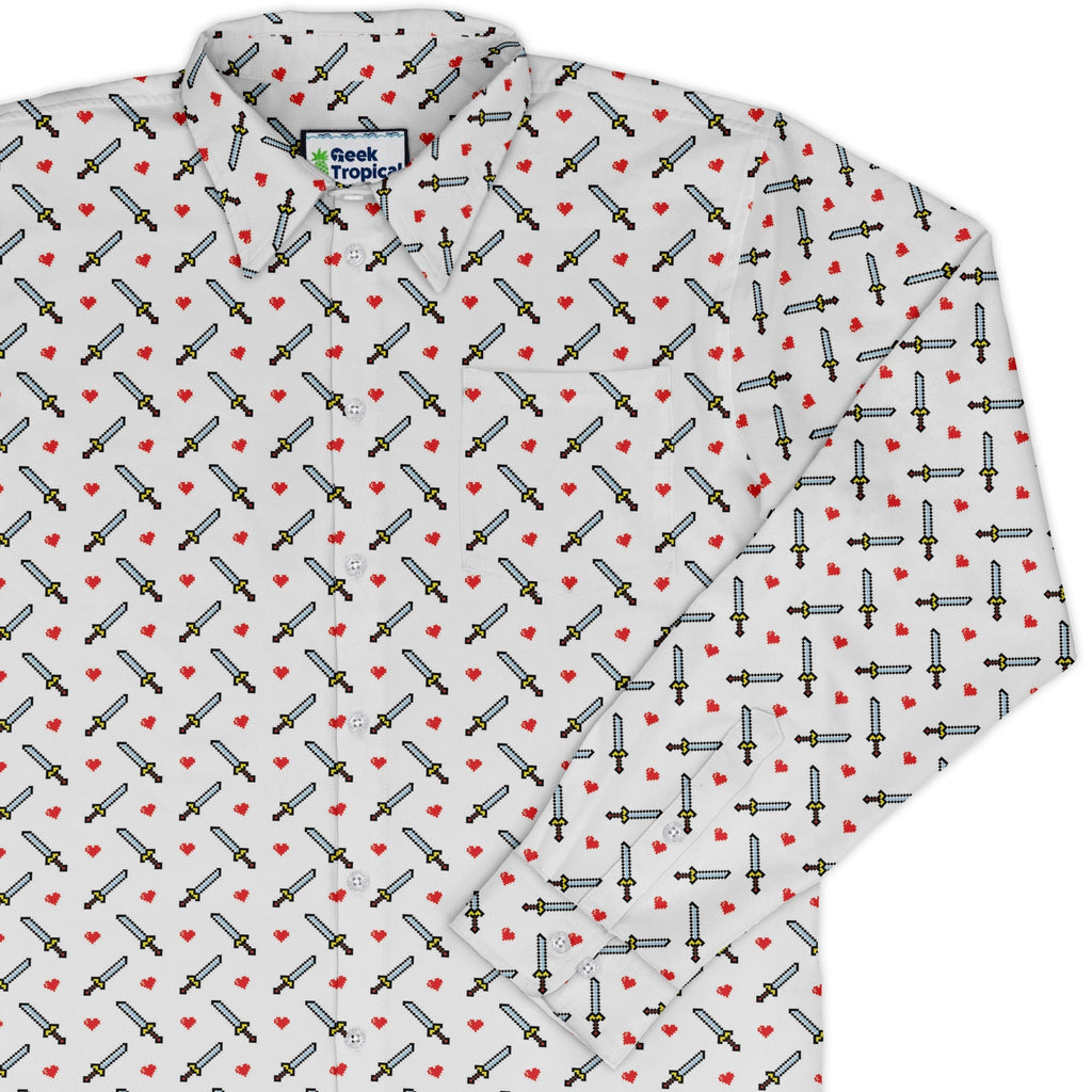 Sword and Hearts Video Game Long Sleeve Button Up Shirt Geek Nerd adult sizing Design by Heather Davenport FLOW DESC WRITING