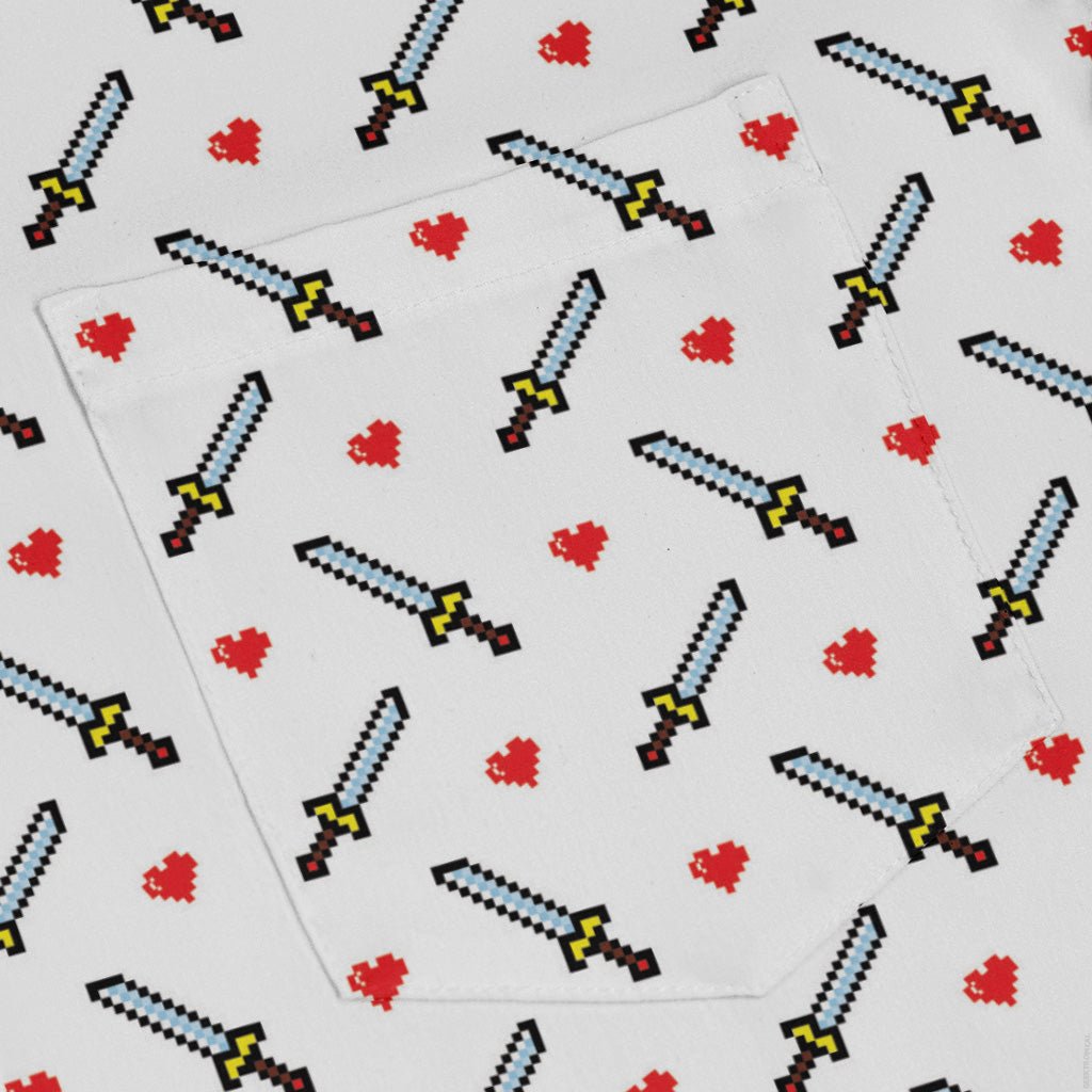 Sword and Hearts Video Game Long Sleeve Button Up Shirt Geek Nerd adult sizing Design by Heather Davenport FLOW DESC WRITING