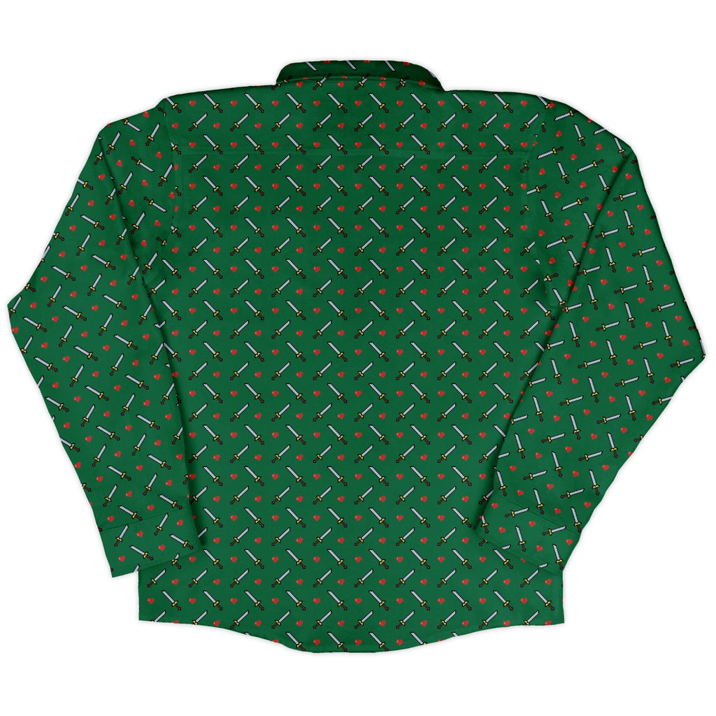 Sword and hearts video game green Long Sleeve Button Up Shirt Geek Nerd adult sizing Design by Heather Davenport video game arcade print