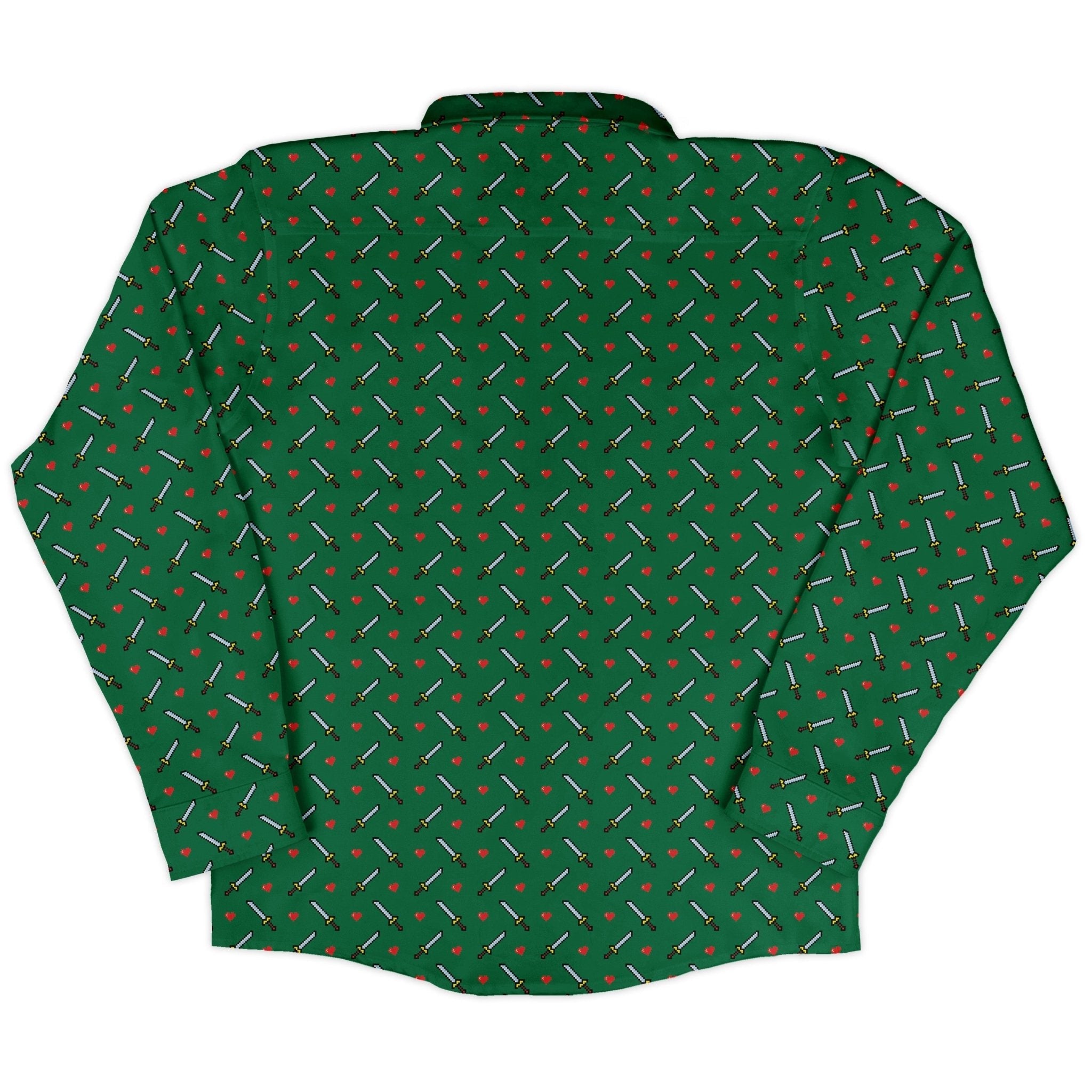 Sword and hearts video game green Long Sleeve Button Up Shirt Geek Nerd adult sizing Design by Heather Davenport video game arcade print