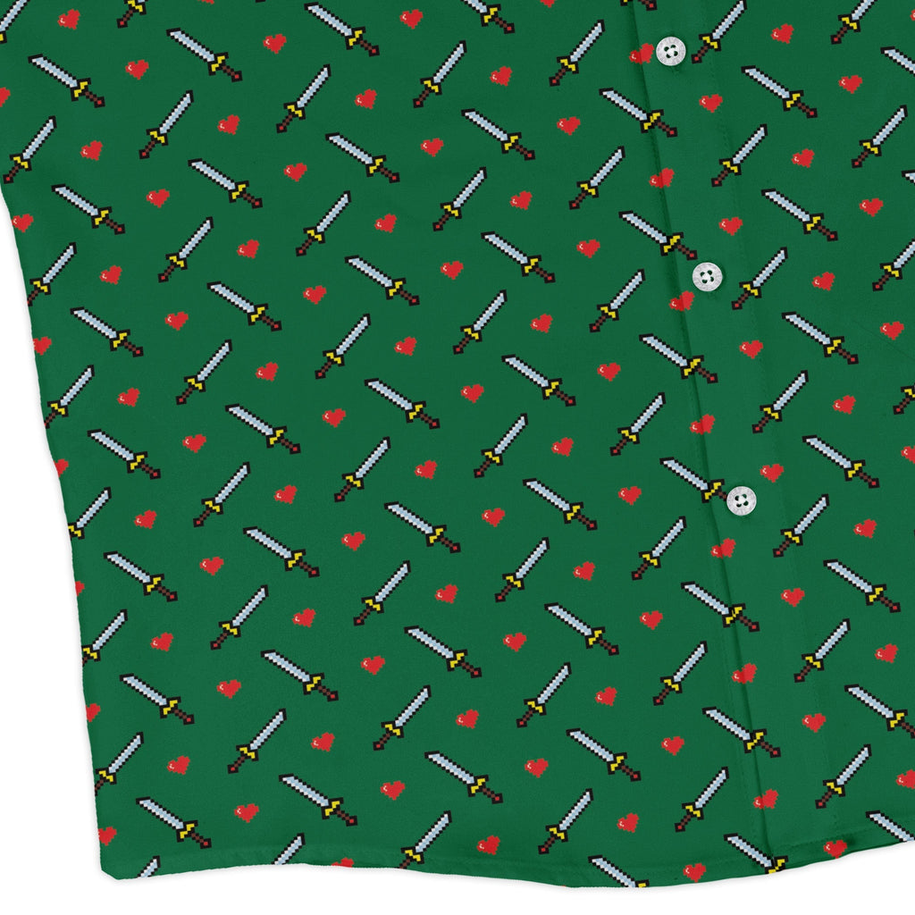 Sword and hearts video game green Long Sleeve Button Up Shirt Geek Nerd adult sizing Design by Heather Davenport video game arcade print