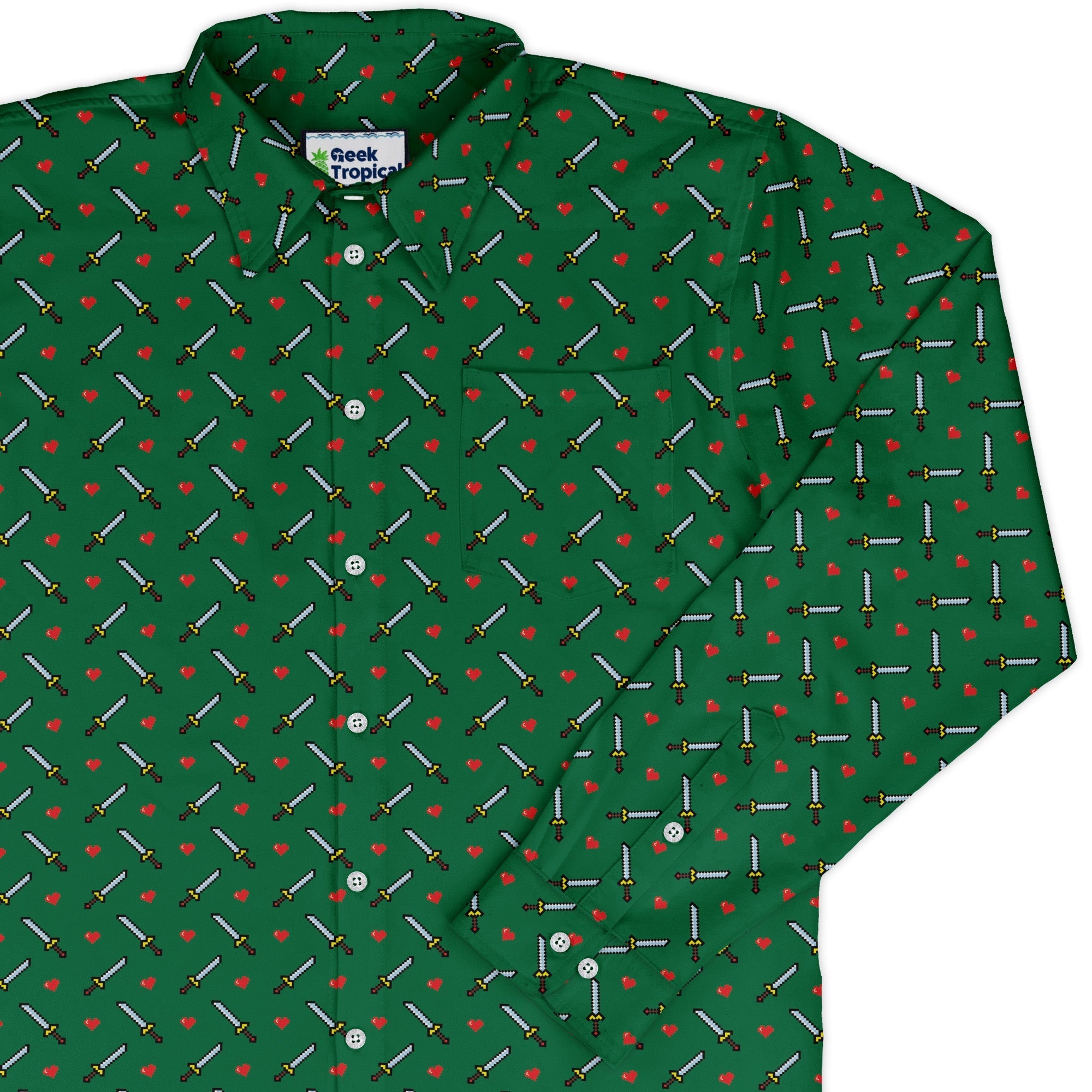 Sword and hearts video game green Long Sleeve Button Up Shirt Geek Nerd adult sizing Design by Heather Davenport video game arcade print