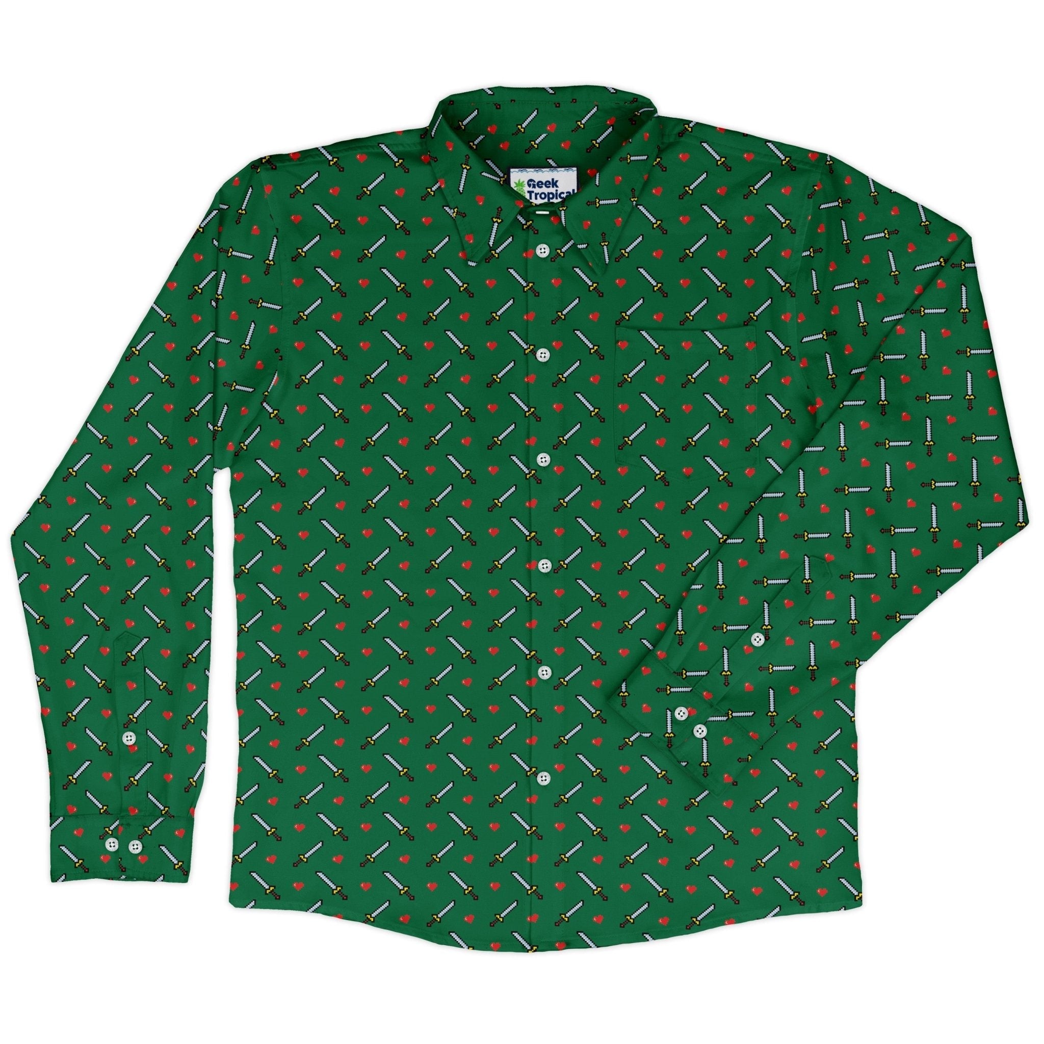 Sword and hearts video game green Long Sleeve Button Up Shirt Geek Nerd adult sizing Design by Heather Davenport video game arcade print