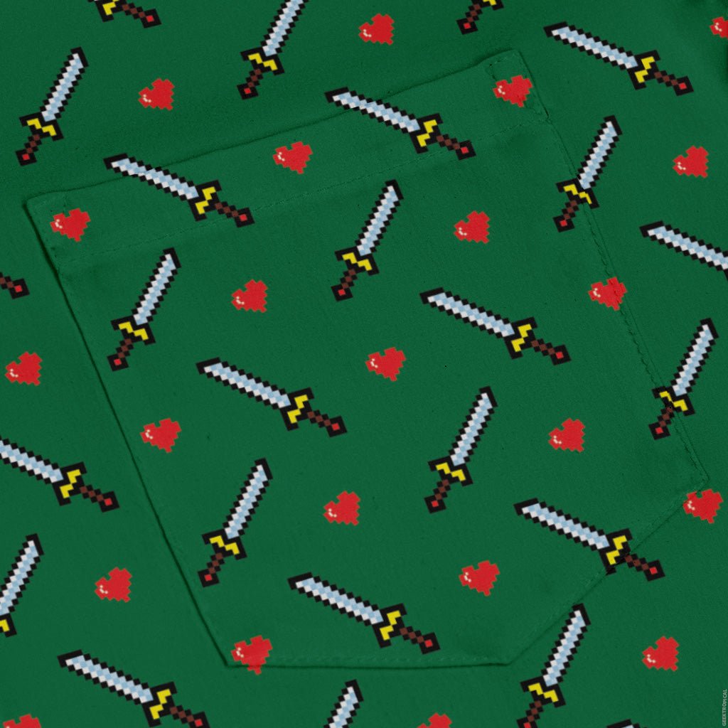 Sword and hearts video game green Long Sleeve Button Up Shirt Geek Nerd adult sizing Design by Heather Davenport video game arcade print