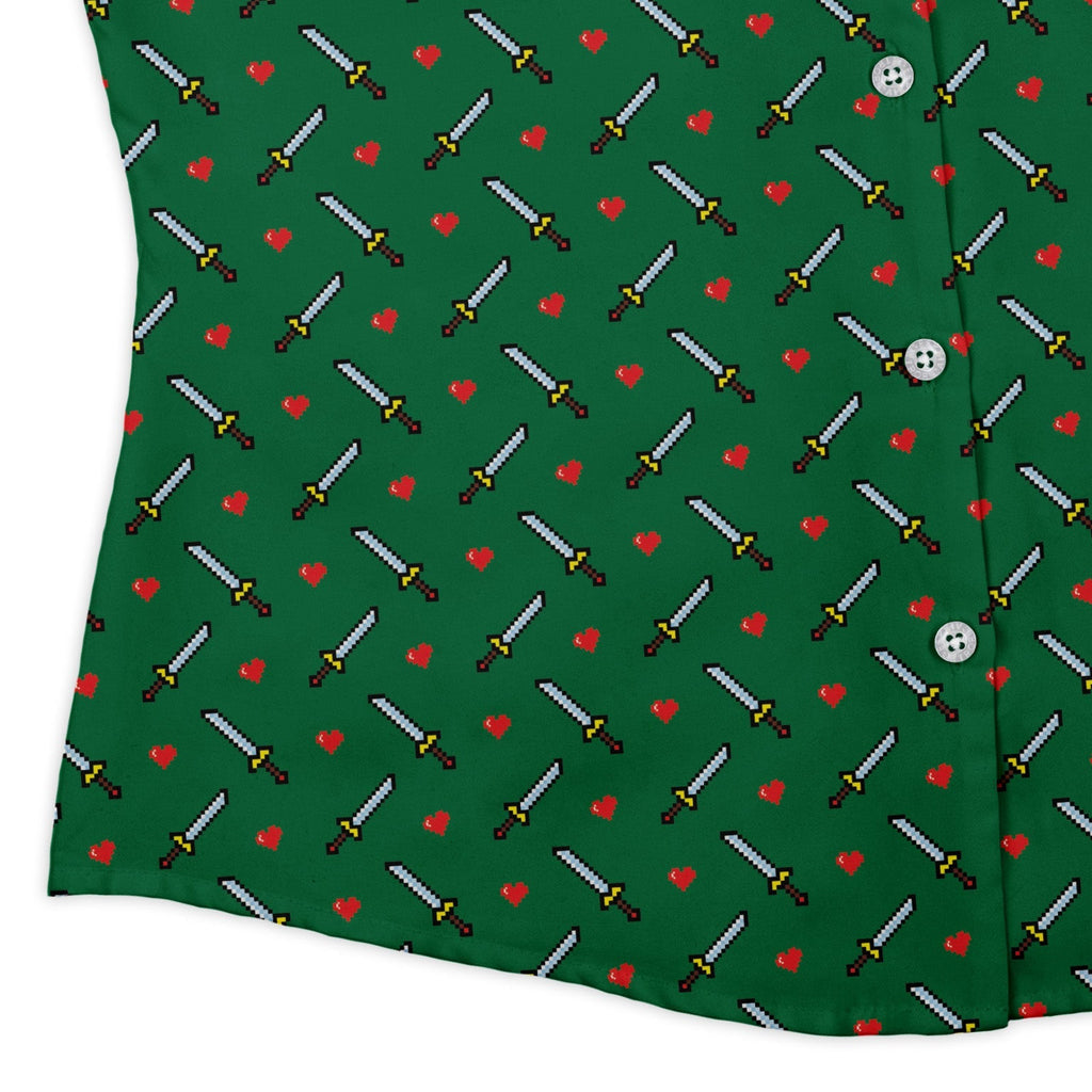 Sword and hearts video game green Curvy Button Up Shirt Geek Nerd Design by Heather Davenport video game arcade print women