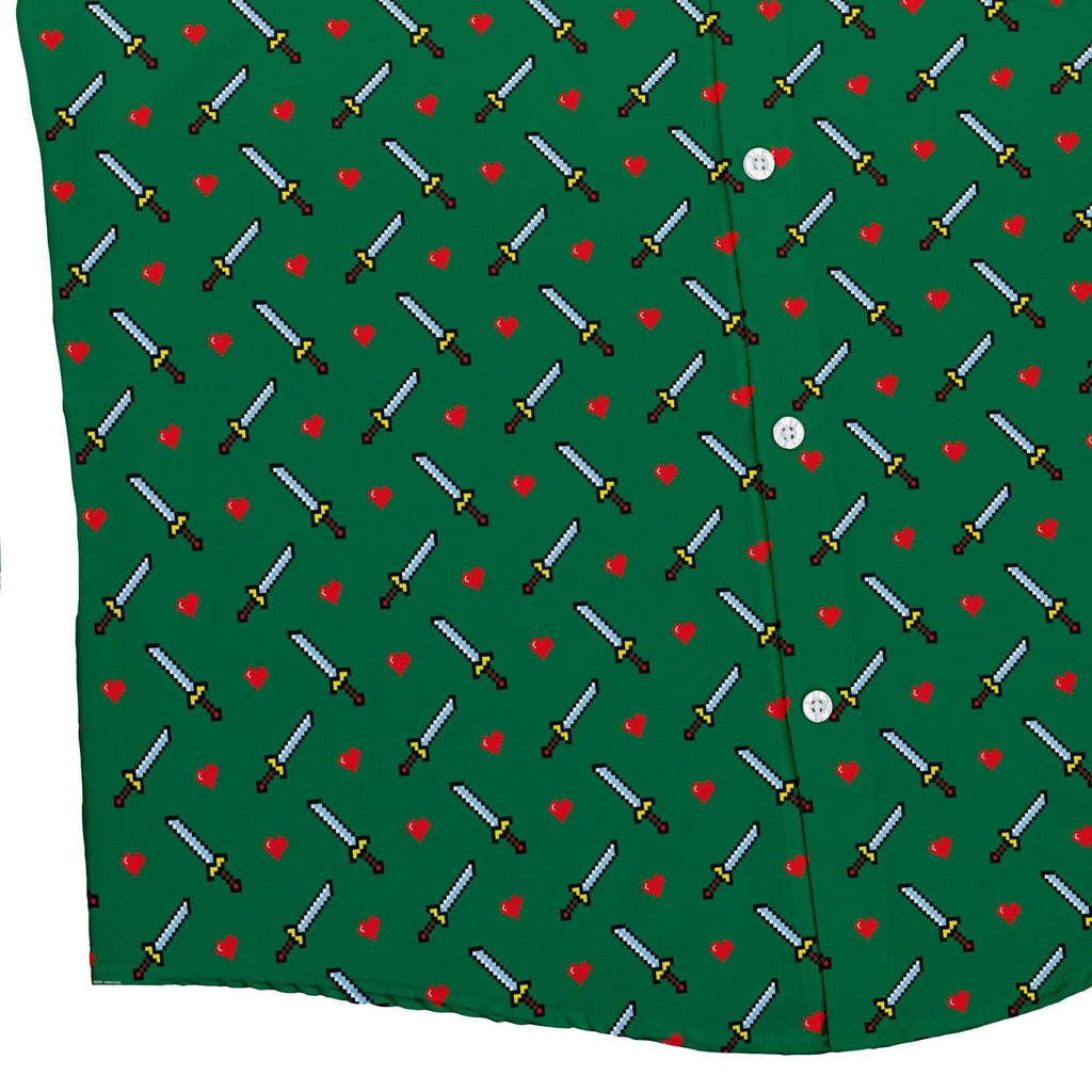Sword and Hearts Video Game Green Button Up Shirt - adult sizing - Design by Heather Davenport - video game arcade print