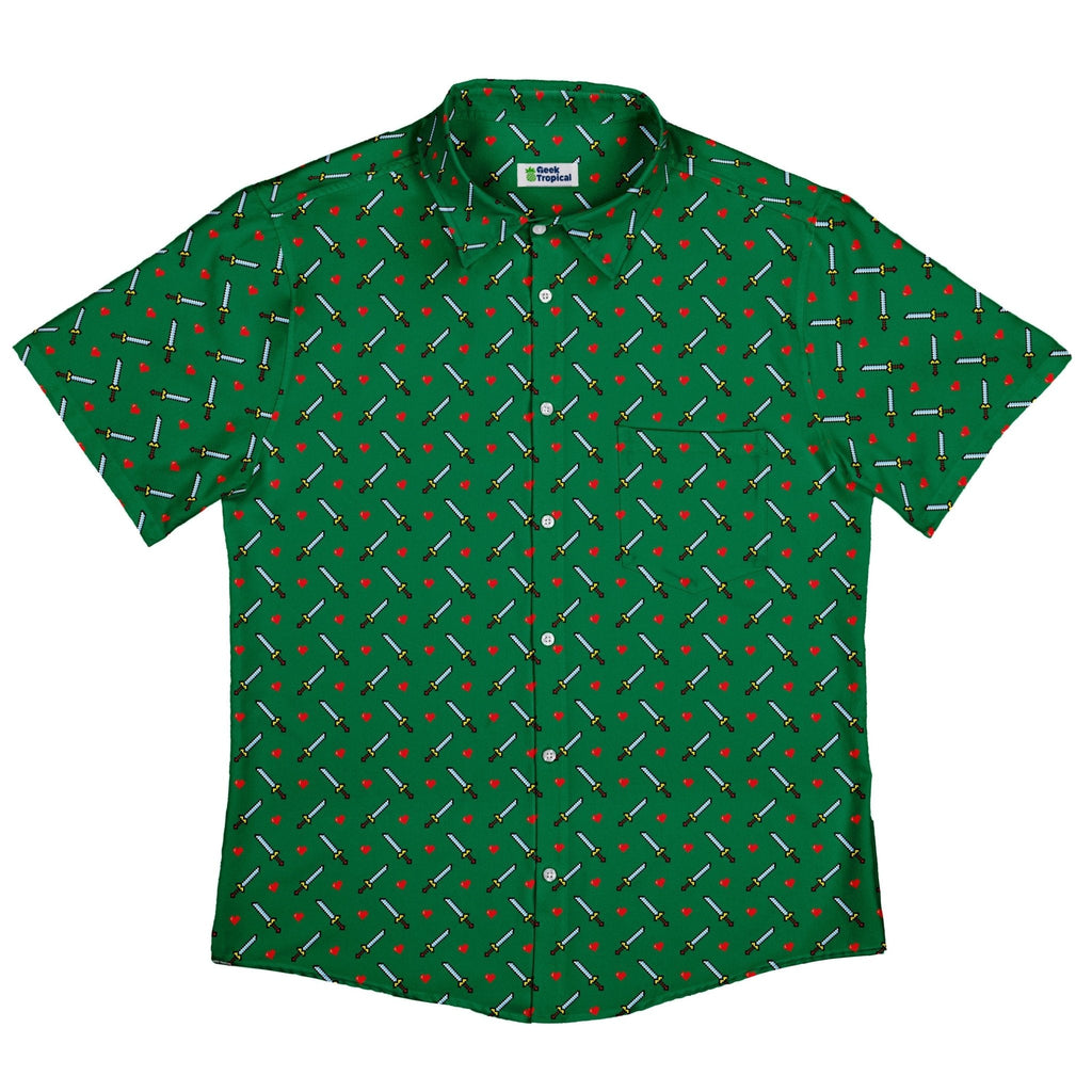 Sword and Hearts Video Game Green Button Up Shirt - adult sizing - Design by Heather Davenport - video game arcade print