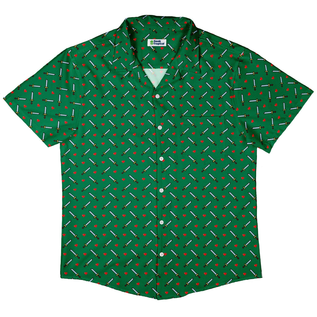 Sword and Hearts Video Game Green Button Up Shirt - adult sizing - Design by Heather Davenport - video game arcade print