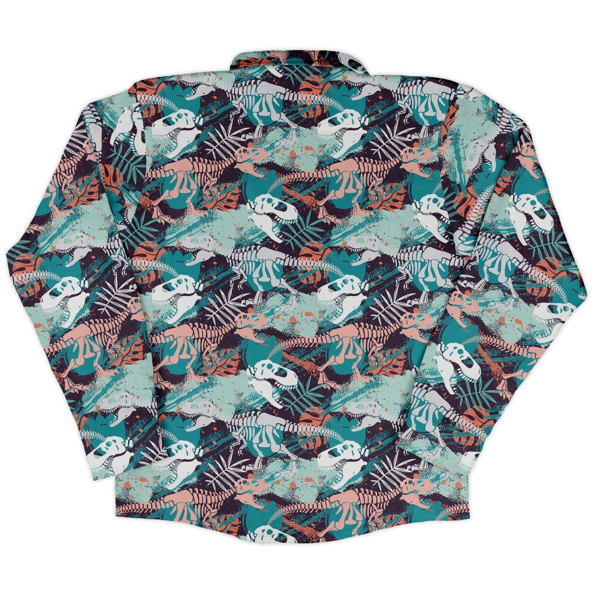 T - Rex Bones Footprints Green Dinosaur Long Sleeve Button Up Shirt Geek Nerd adult sizing dinosaur print FLOW DESC WRITING
