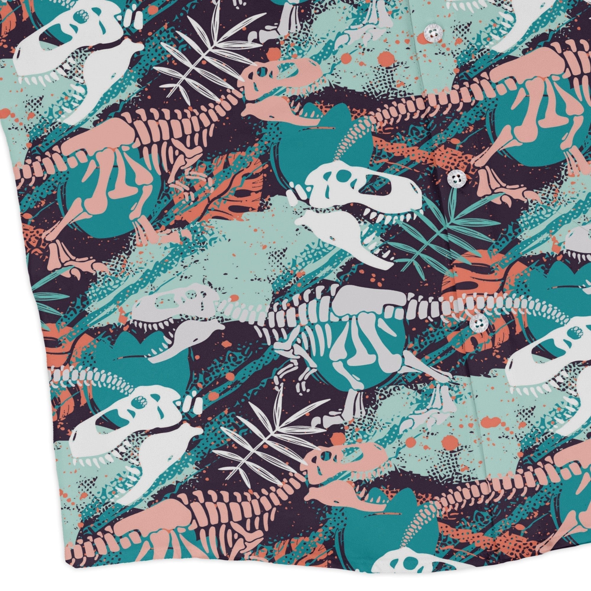 T - Rex Bones Footprints Green Dinosaur Long Sleeve Button Up Shirt Geek Nerd adult sizing dinosaur print FLOW DESC WRITING
