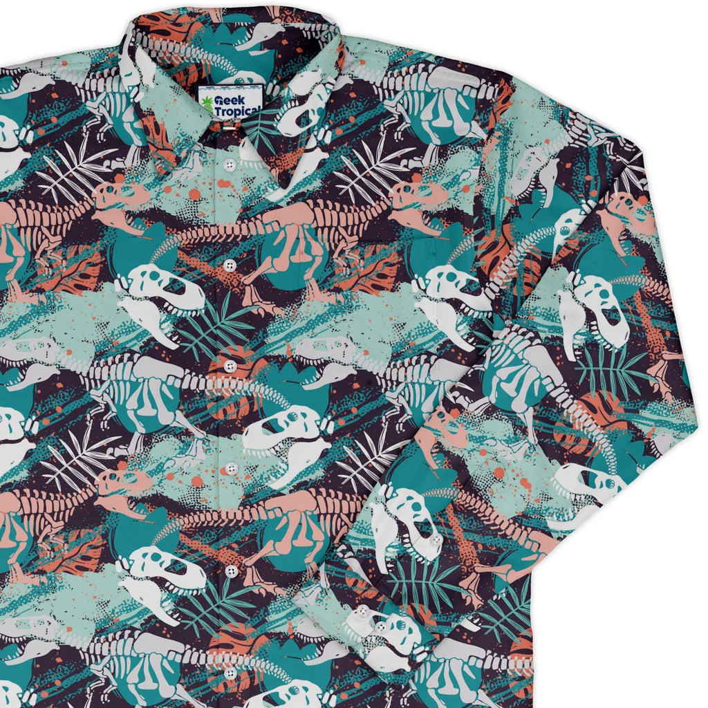 T - Rex Bones Footprints Green Dinosaur Long Sleeve Button Up Shirt Geek Nerd adult sizing dinosaur print FLOW DESC WRITING