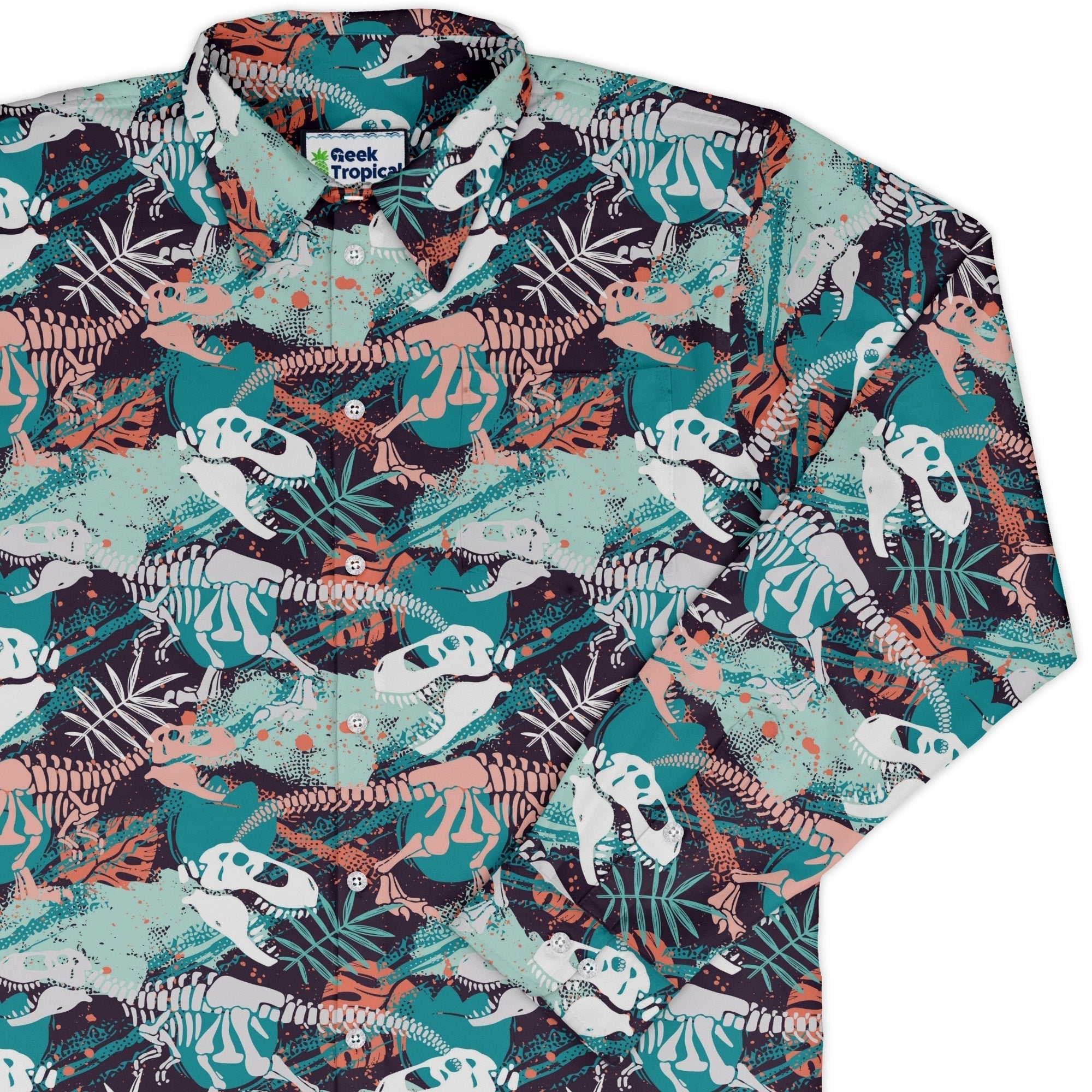 T - Rex Bones Footprints Green Dinosaur Long Sleeve Button Up Shirt Geek Nerd adult sizing dinosaur print FLOW DESC WRITING