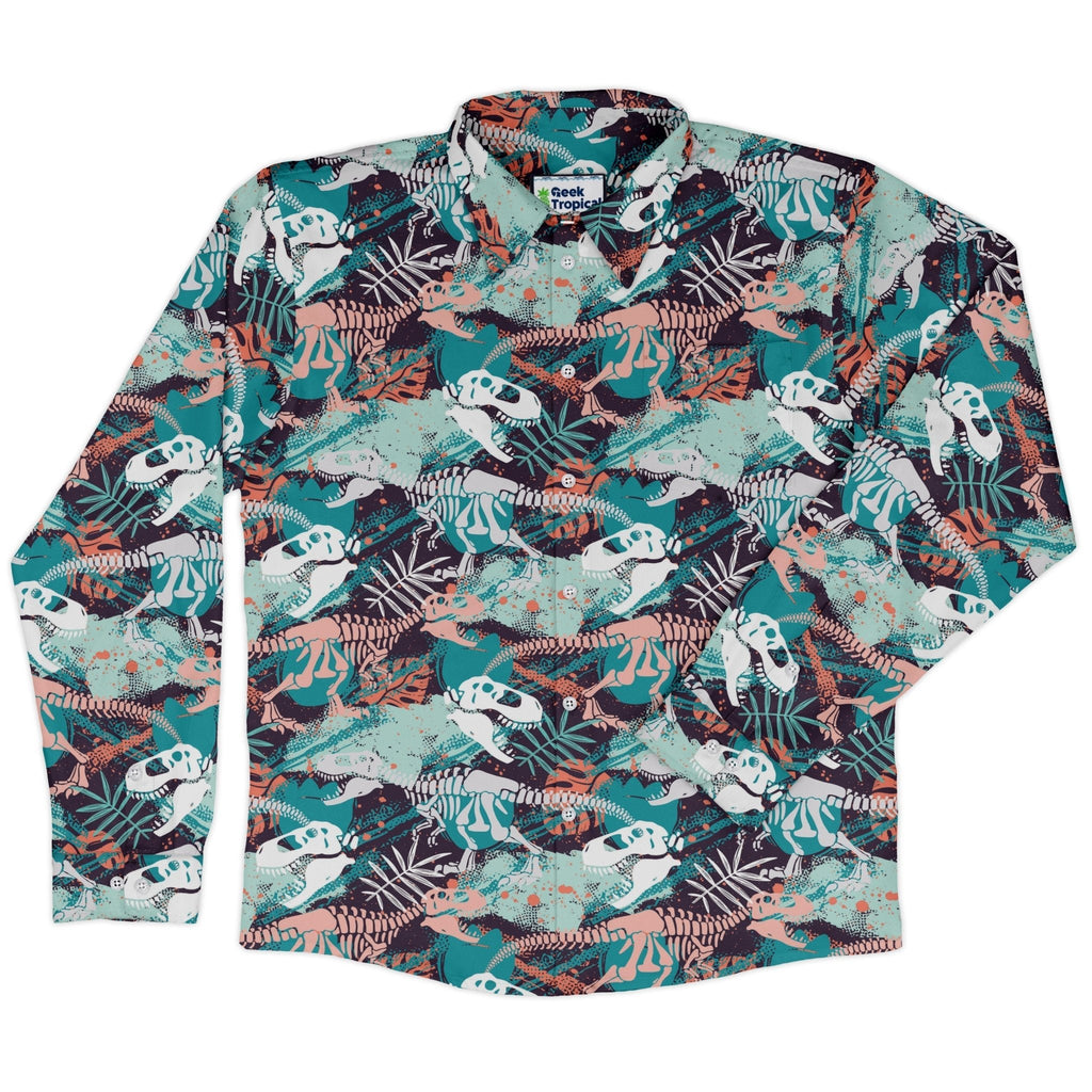 T - Rex Bones Footprints Green Dinosaur Long Sleeve Button Up Shirt Geek Nerd adult sizing dinosaur print FLOW DESC WRITING