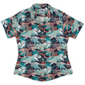 T - Rex Bones Footprints Green Dinosaur Curvy Button Up Shirt Geek Nerd dinosaur print Maximalist Patterns Tropical Hawaiian Patterns