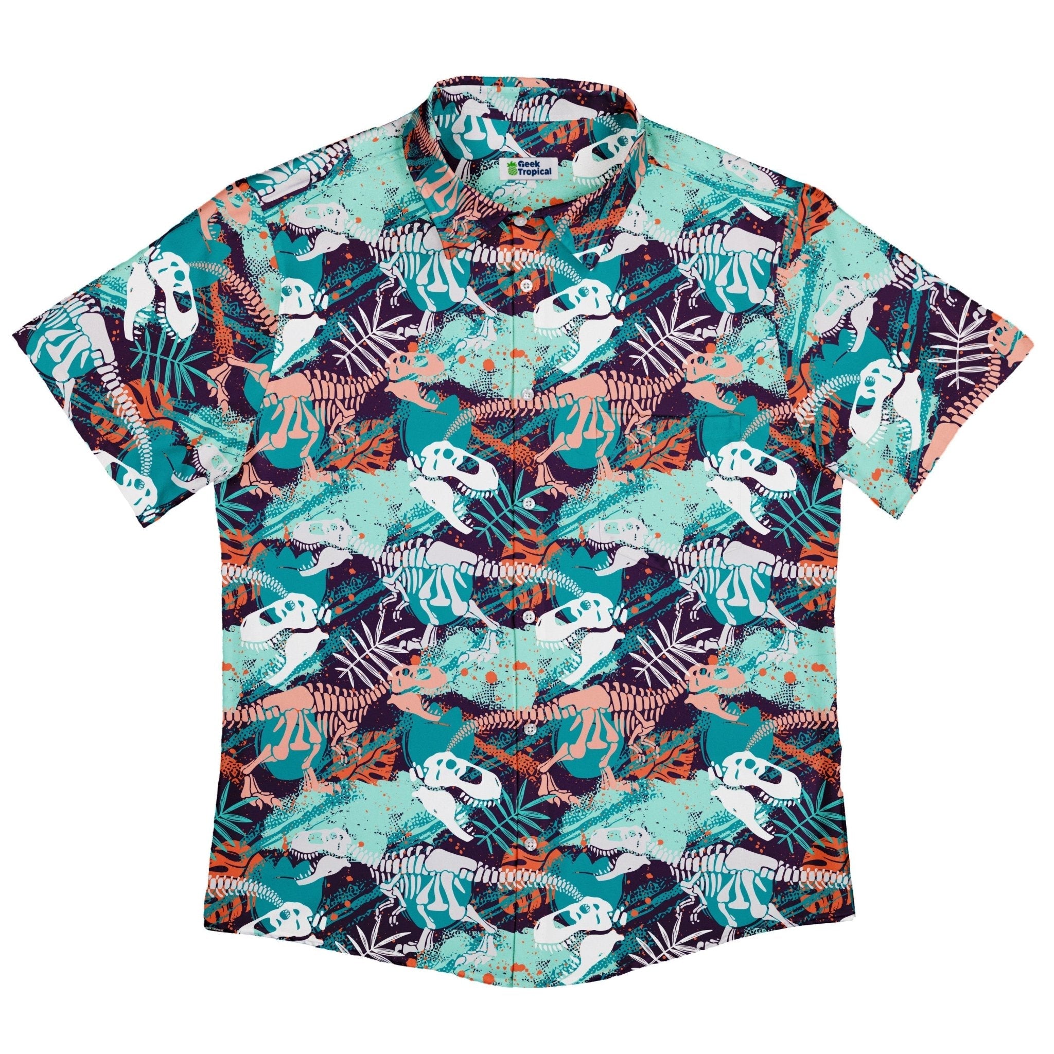 T-Rex Bones Footprints Green Dinosaur Button Up Shirt - adult sizing - dinosaur print - Maximalist Patterns