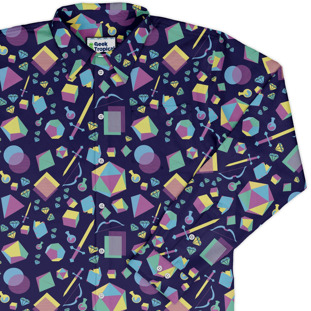 Tabletop RPG Weapons Items Purple Blue Dnd Long Sleeve Button Up Shirt Geek Nerd adult sizing dnd & rpg print FLOW DESC WRITING