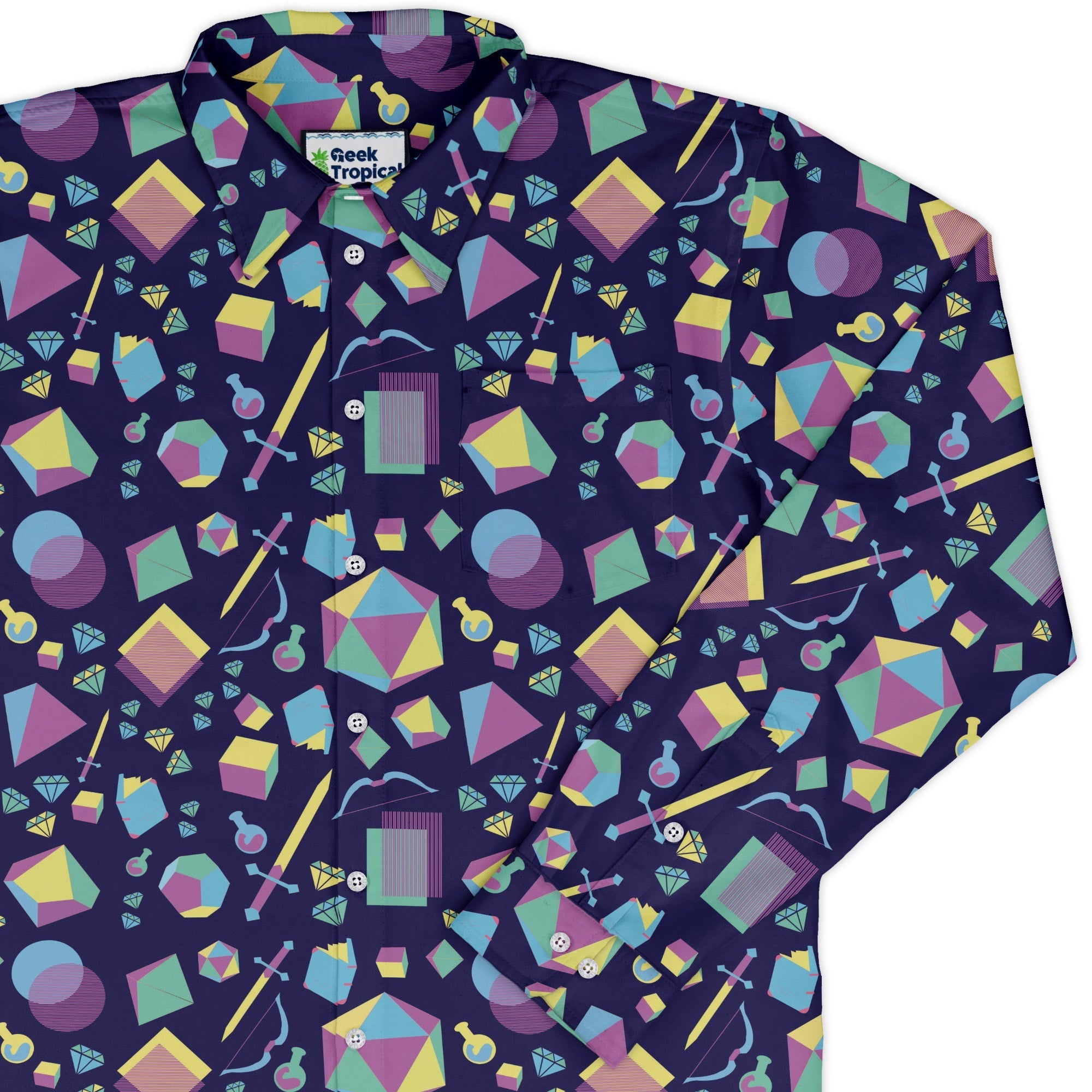 Tabletop RPG Weapons Items Purple Blue Dnd Long Sleeve Button Up Shirt Geek Nerd adult sizing dnd & rpg print FLOW DESC WRITING