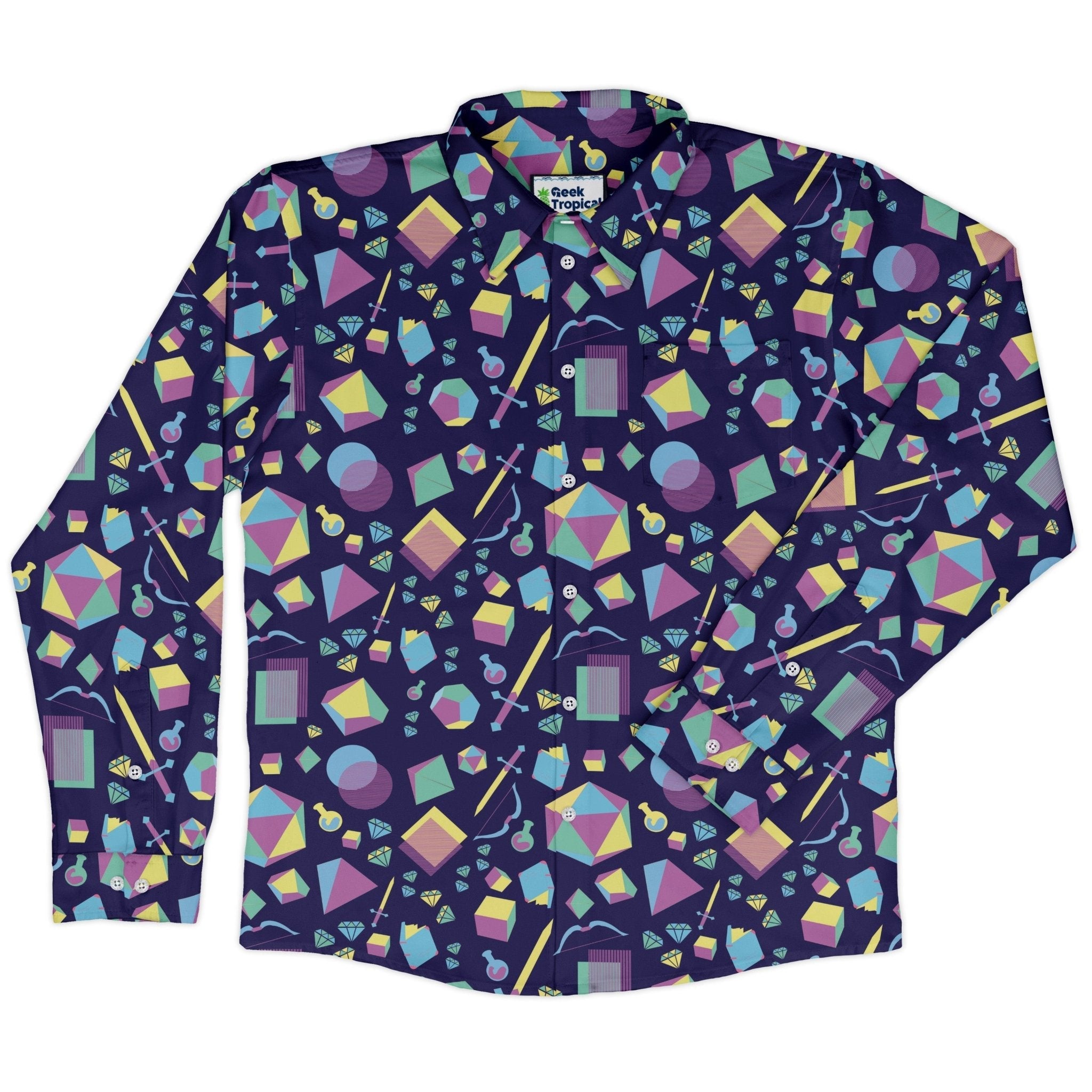 Tabletop RPG Weapons Items Purple Blue Dnd Long Sleeve Button Up Shirt Geek Nerd adult sizing dnd & rpg print FLOW DESC WRITING
