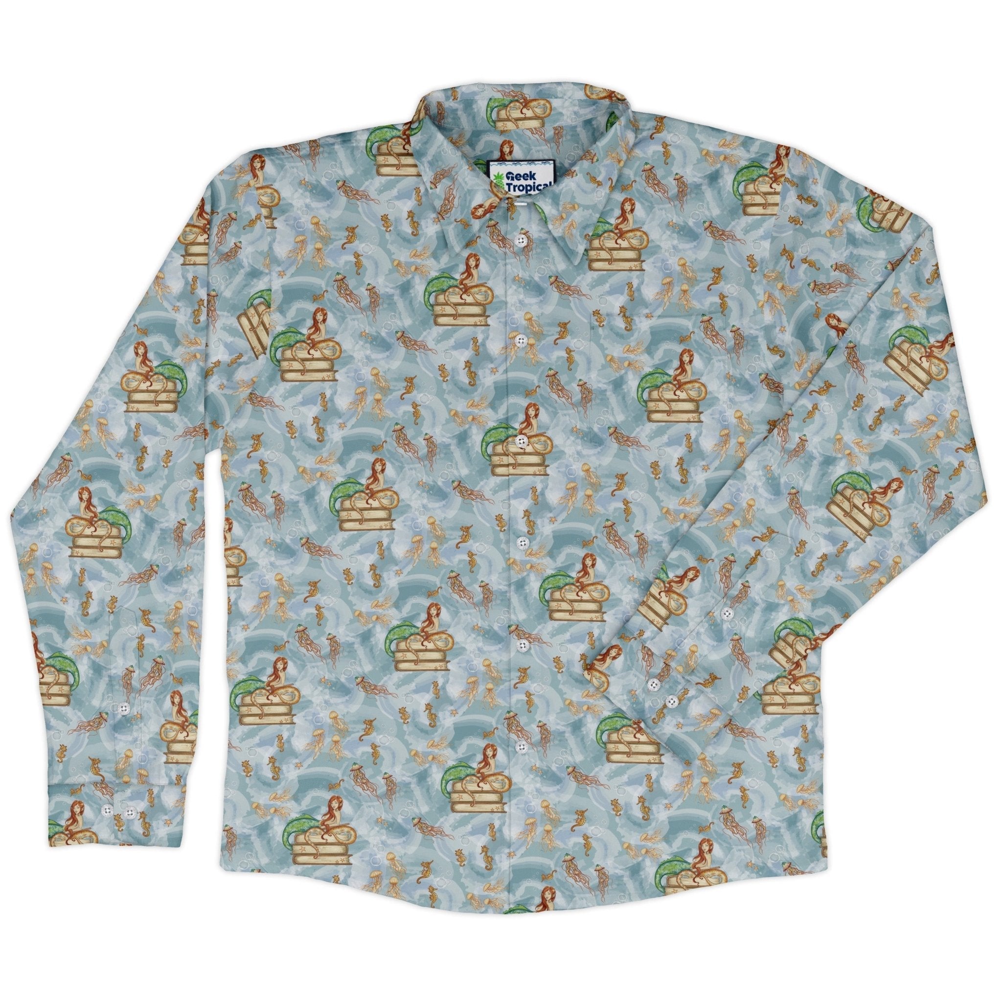 Tales of the Sea Long Sleeve Button Up Shirt Geek Nerd adult sizing Animal Patterns Book Prints