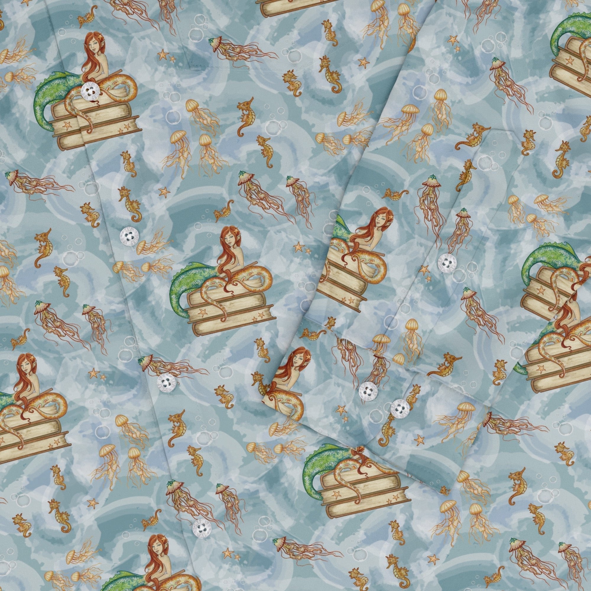 Tales of the Sea Long Sleeve Button Up Shirt Geek Nerd adult sizing Animal Patterns Book Prints