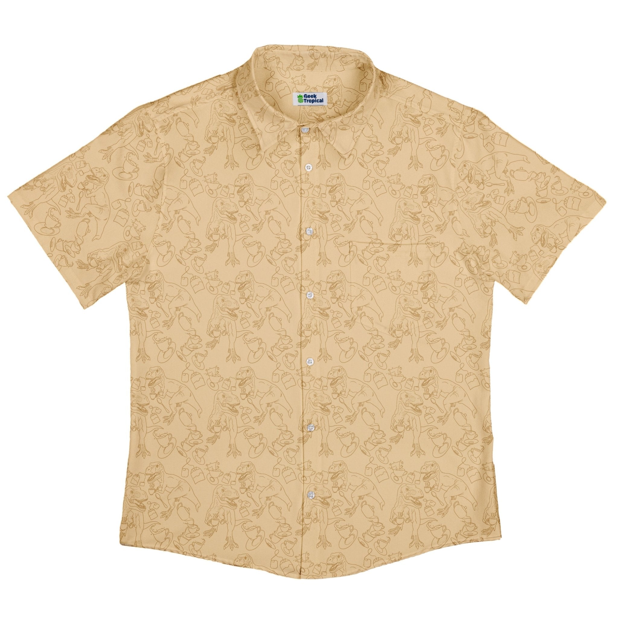 Tea Rex Button Up Shirt Geek Nerd adult sizing Design by Julie Kitzes dinosaur print