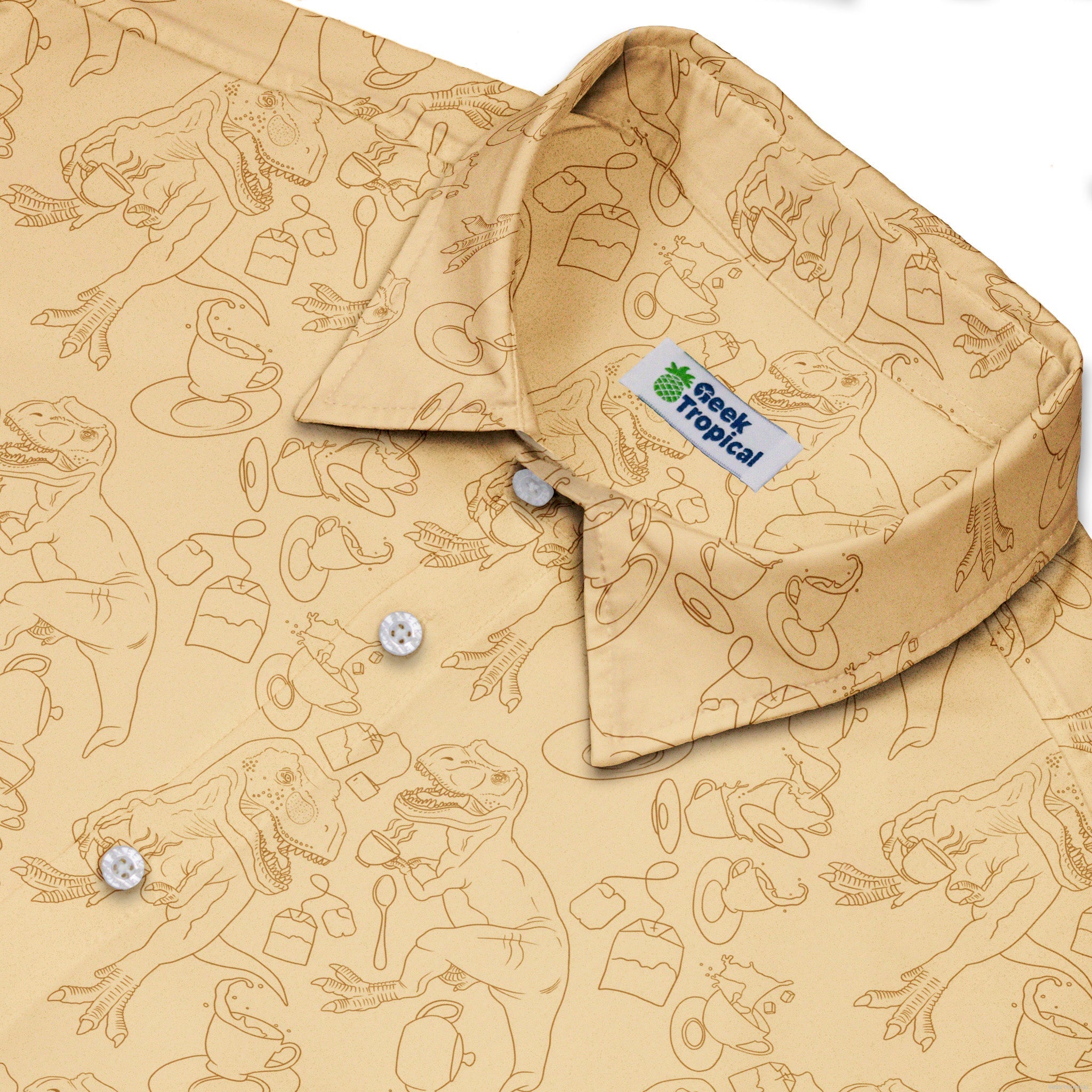 Tea Rex Button Up Shirt Geek Nerd adult sizing Design by Julie Kitzes dinosaur print