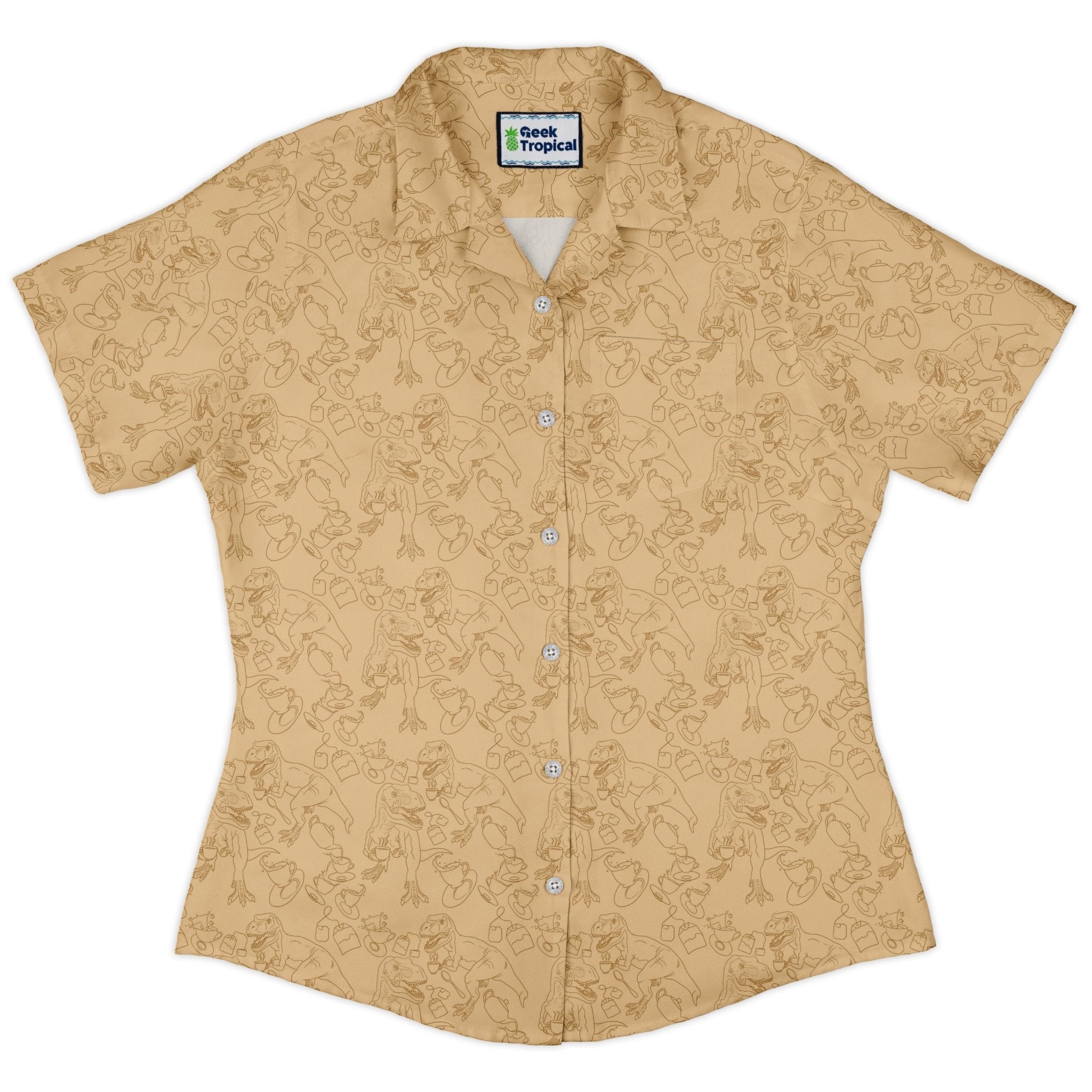 Tea Rex Curvy Button Up Shirt Geek Nerd Design by Julie Kitzes dinosaur print funny prints