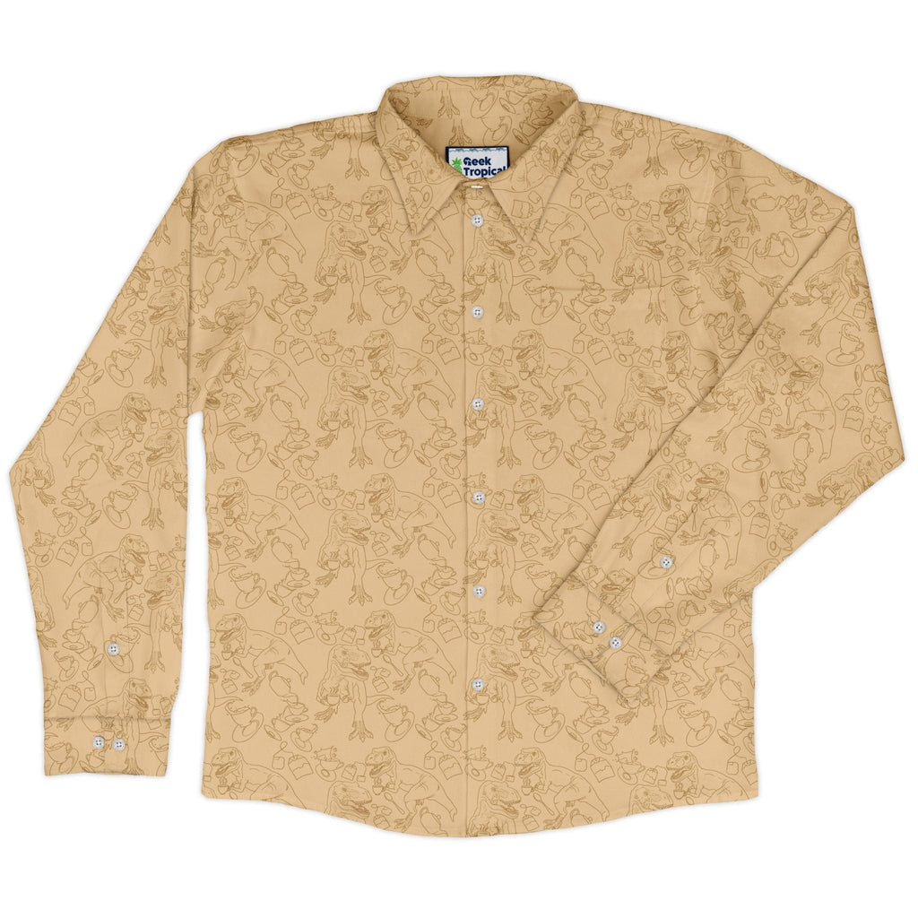 Tea Rex Long Sleeve Button Up Shirt Geek Nerd adult sizing Design by Julie Kitzes dinosaur print