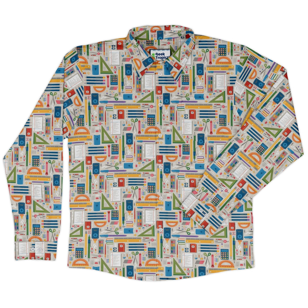 Teacher Student Supplies Long Sleeve Button Up Shirt Geek Nerd adult sizing Design by Zirkus Design FLOW DESC WRITING