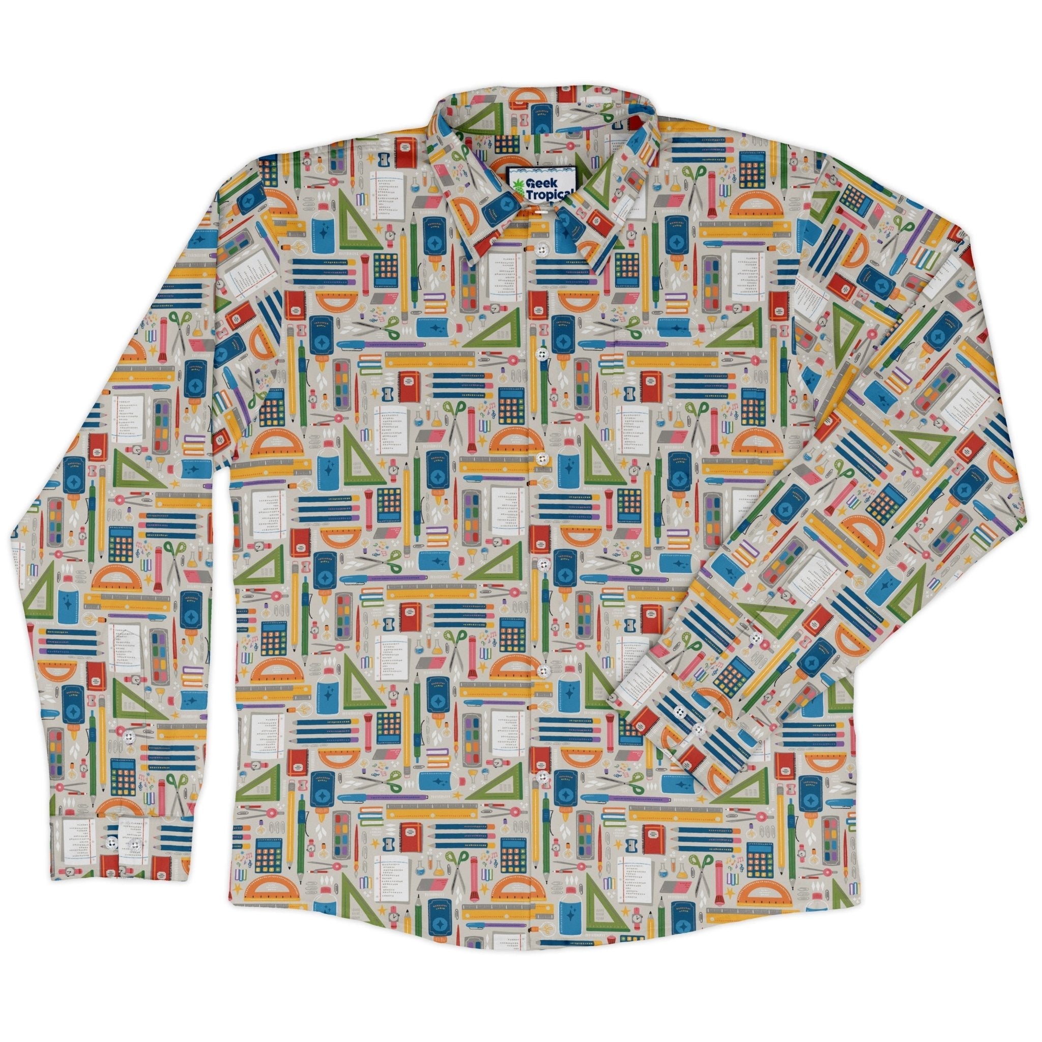 Teacher Student Supplies Long Sleeve Button Up Shirt Geek Nerd adult sizing Design by Zirkus Design FLOW DESC WRITING