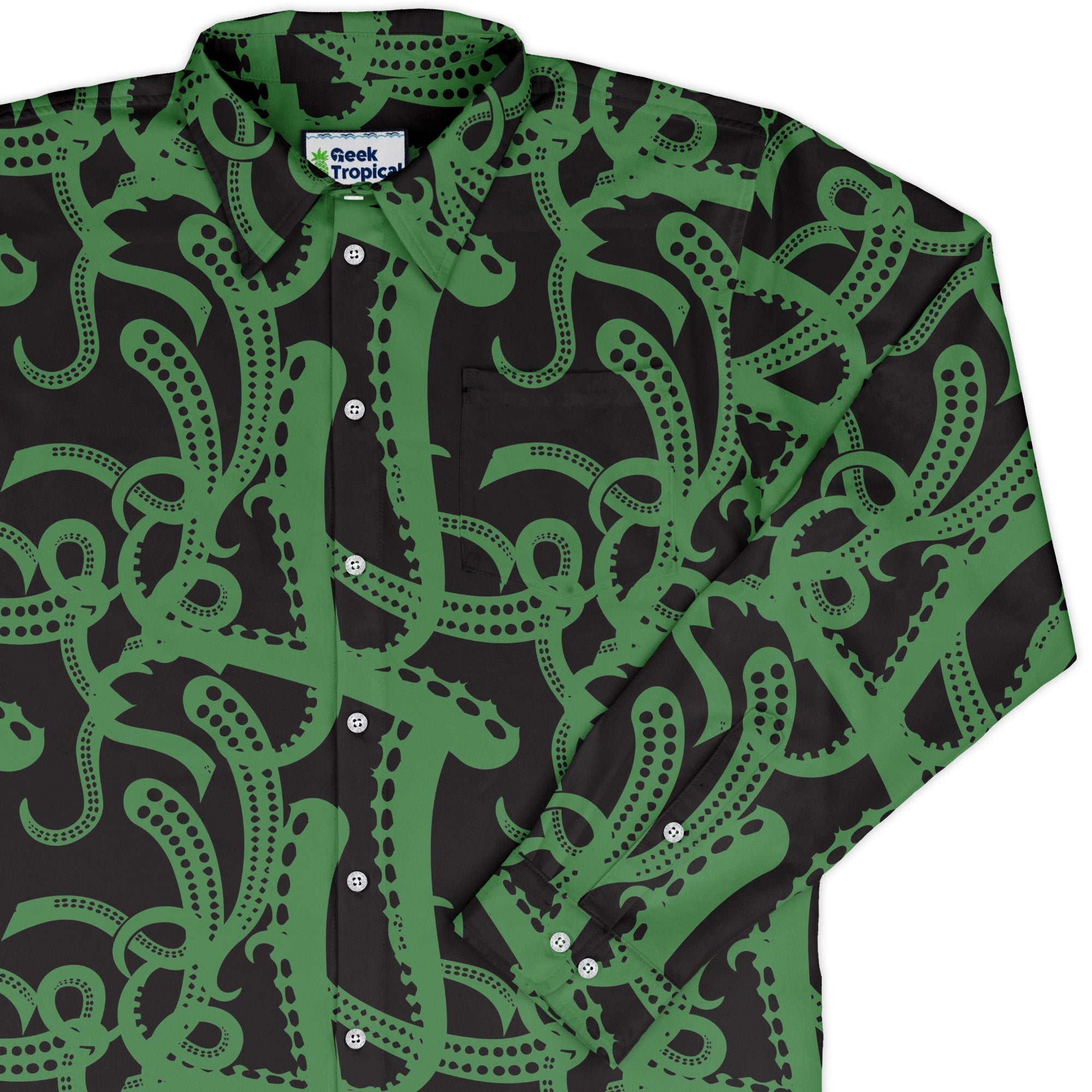 Tentacles of Cthulhu Green Long Sleeve Button Up Shirt Geek Nerd adult sizing Design by Heather Davenport Fantasy Prints