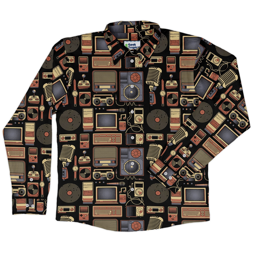 Throwback Tech Long Sleeve Button Up Shirt Geek Nerd adult sizing Design by Tobe Fonseca FLOW DESC WRITING
