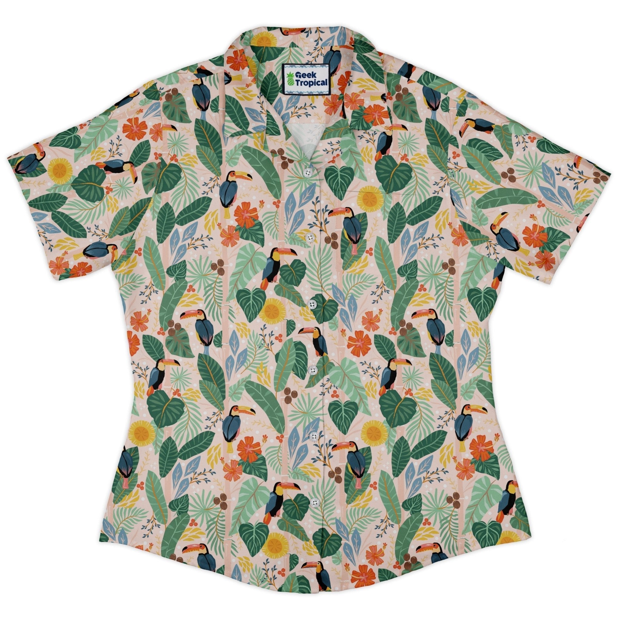 Toucan Tropica Curvy Button Up Shirt Geek Nerd animal patterns botany print Design by Zirkus Design