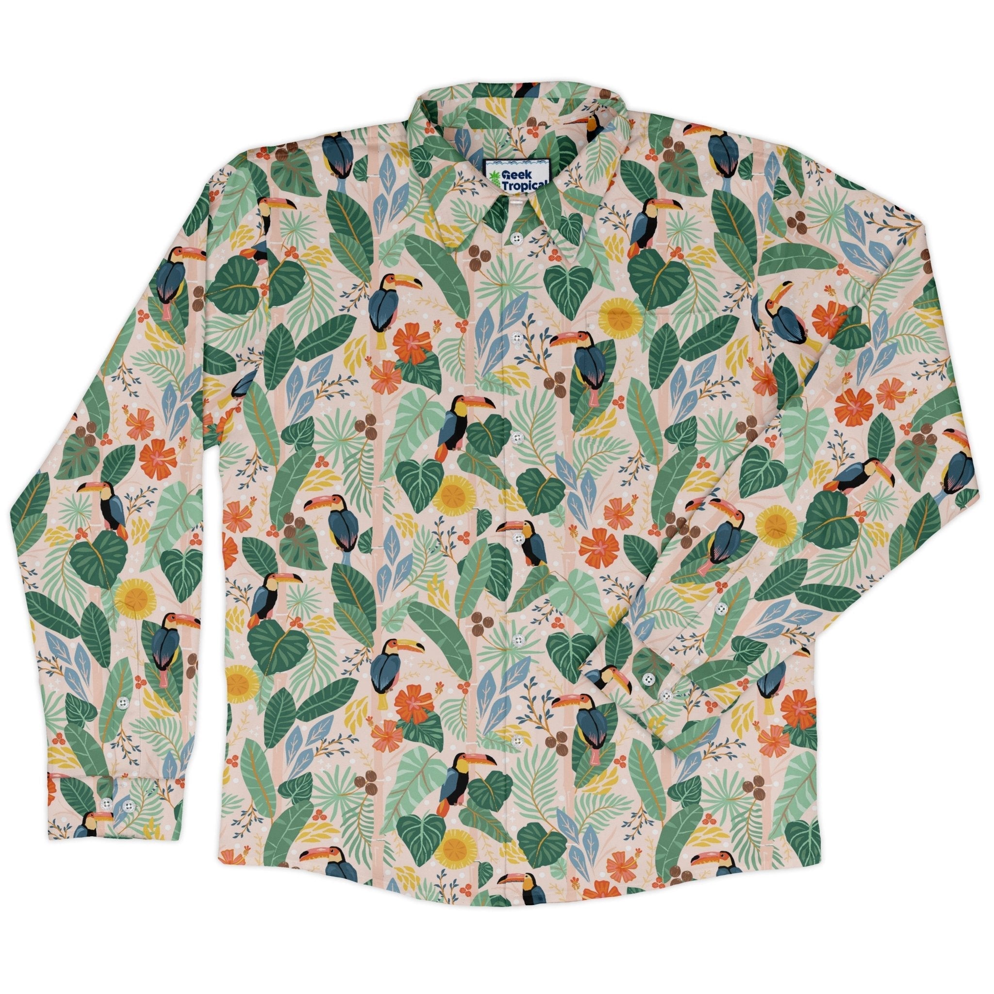 Toucan Tropica Long Sleeve Button Up Shirt Geek Nerd adult sizing animal patterns botany print