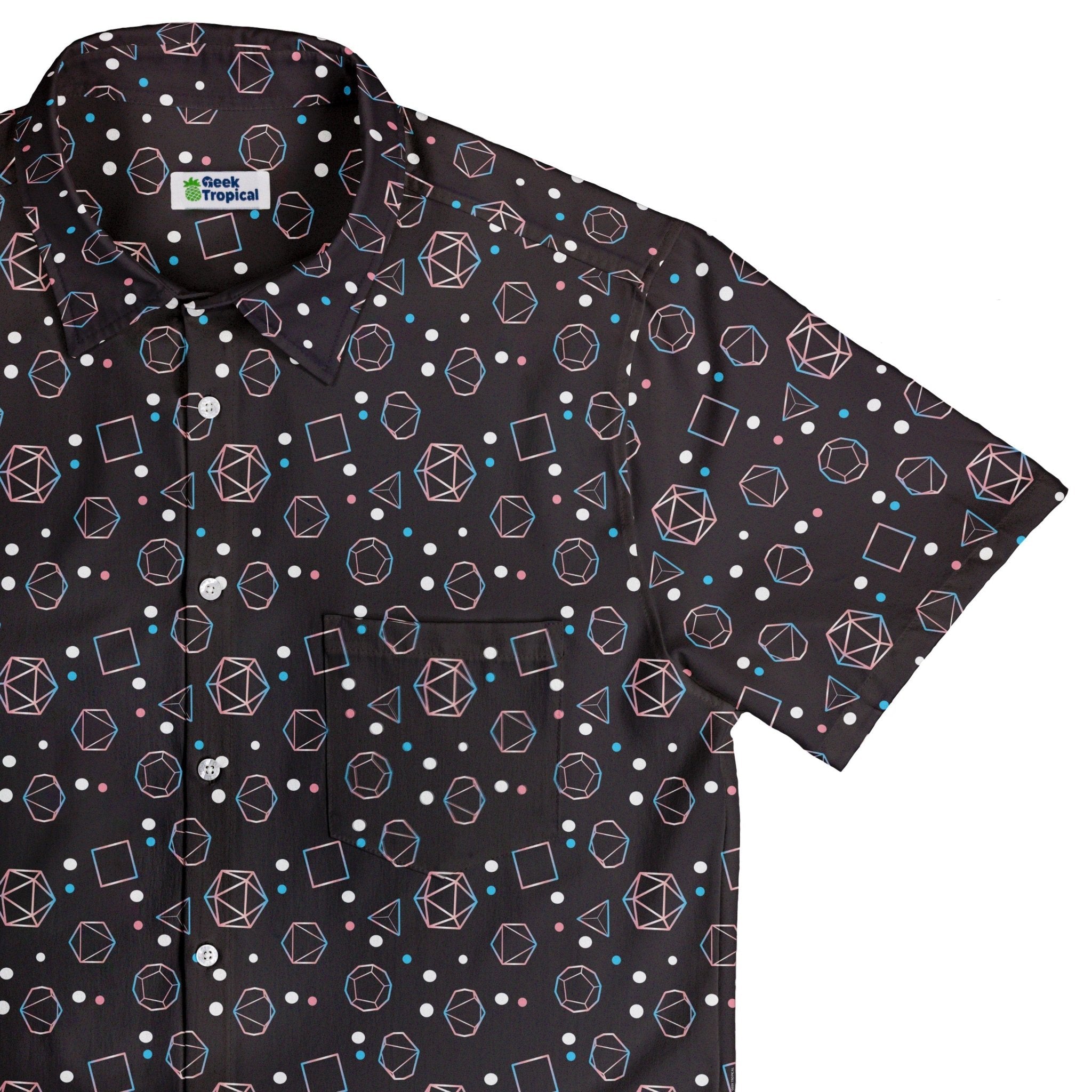 Trans Pride Flag DND Dice Button Up Shirt - adult sizing - Design by Heather Davenport - dnd & rpg print