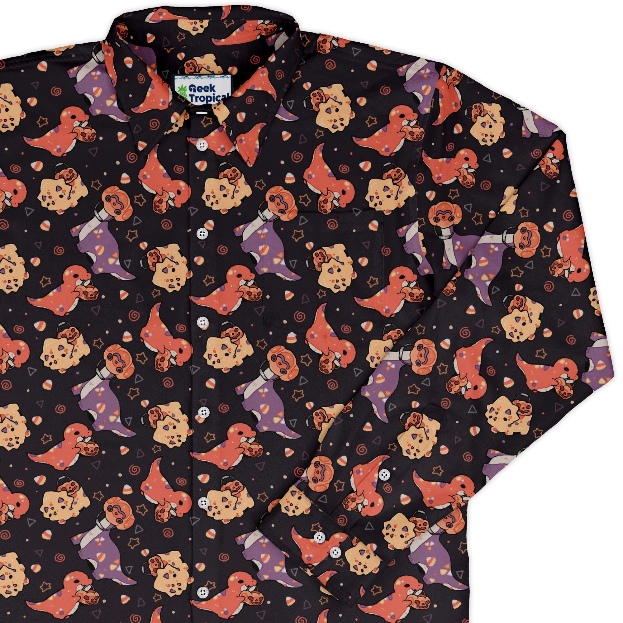 Trick or Treat Dinos Long Sleeve Button Up Shirt Geek Nerd 0925 adult sizing All Adult Button Up Shirts