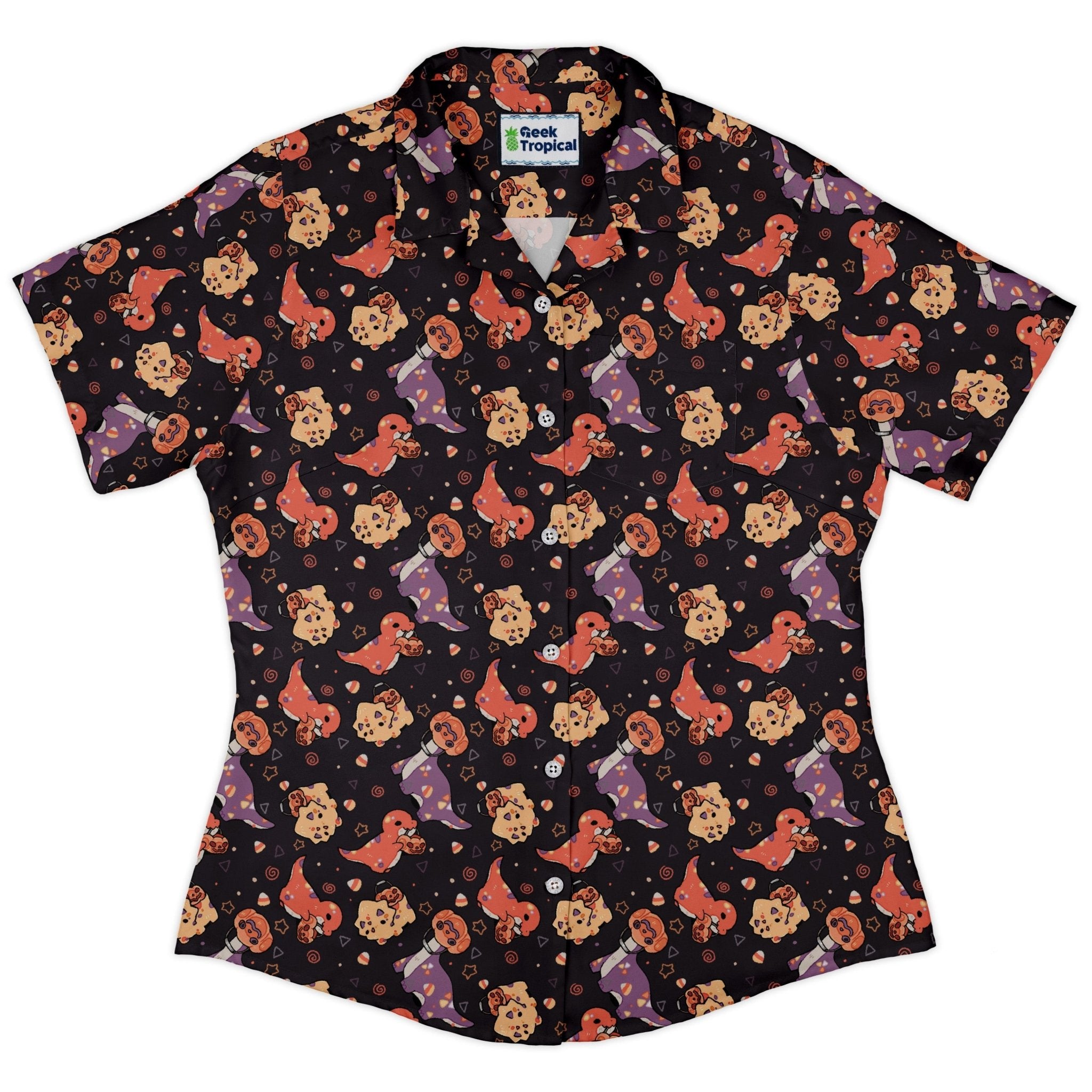 Trick or Treat Dinos Curvy Button Up Shirt Geek Nerd 0925 All Adult Button Up Shirts Animal Patterns